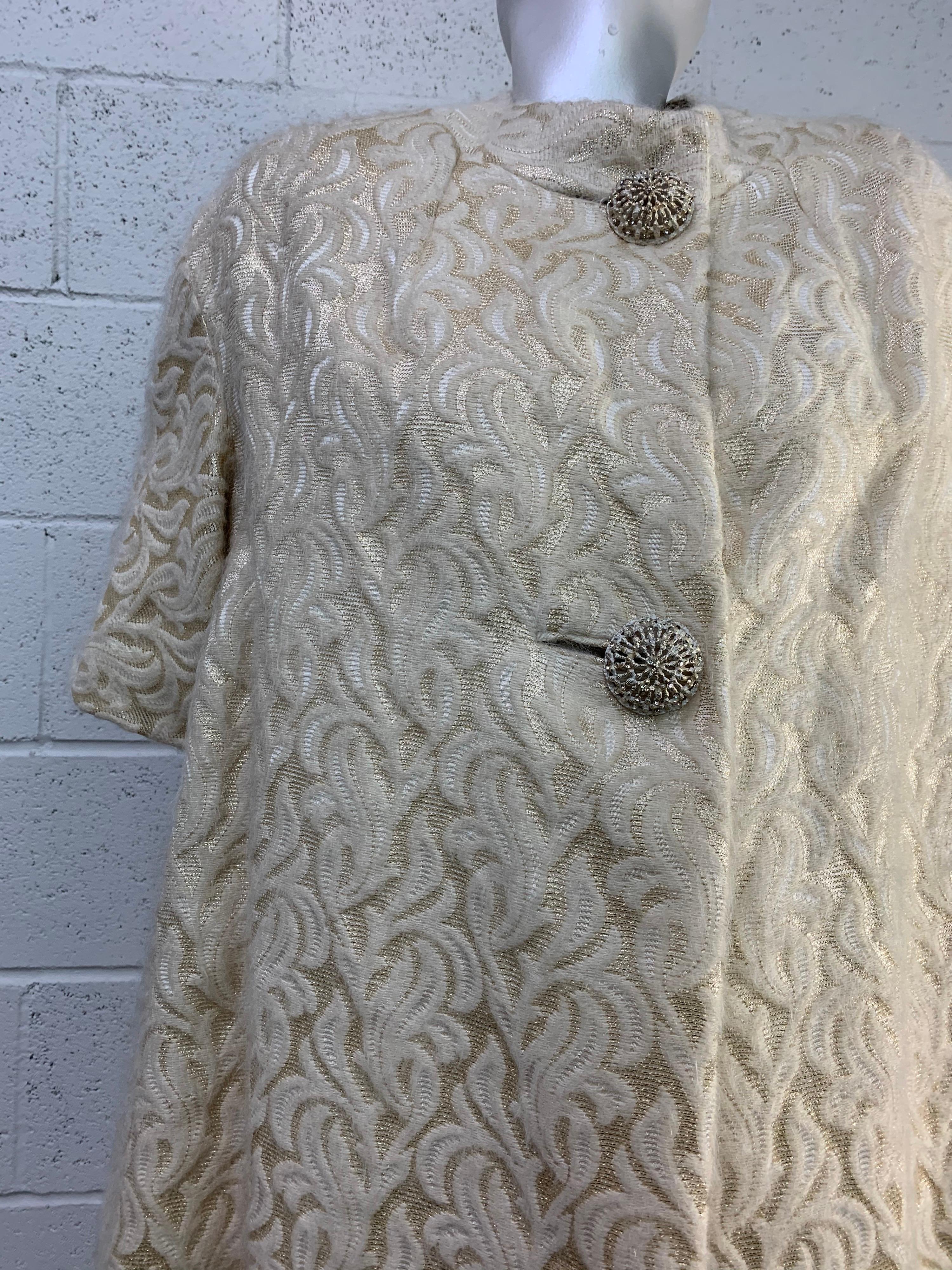 1960s Ira Rentner Gold Lame & Mohair Brocade Spring Coat w/ Filigree Buttons For Sale 9