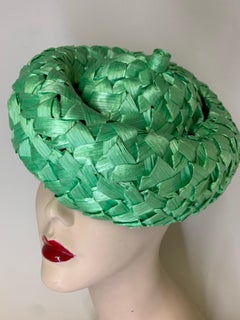 1960s Irene of New York Apple Green Wide Woven Stylized Straw Bubble Beret  Hat