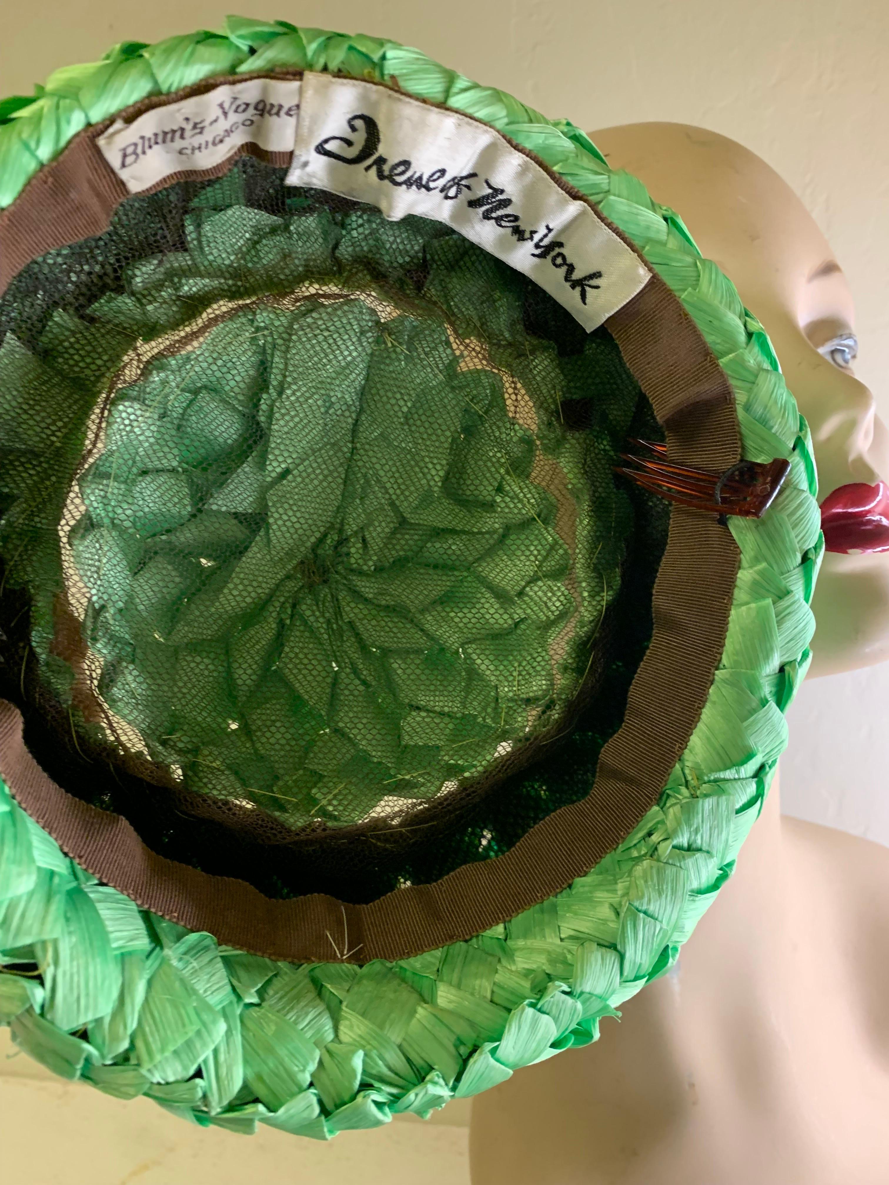 1960s Irene of New York Boina burbuja de paja estilizada de tejido ancho verde manzana  Sombrero en venta 4