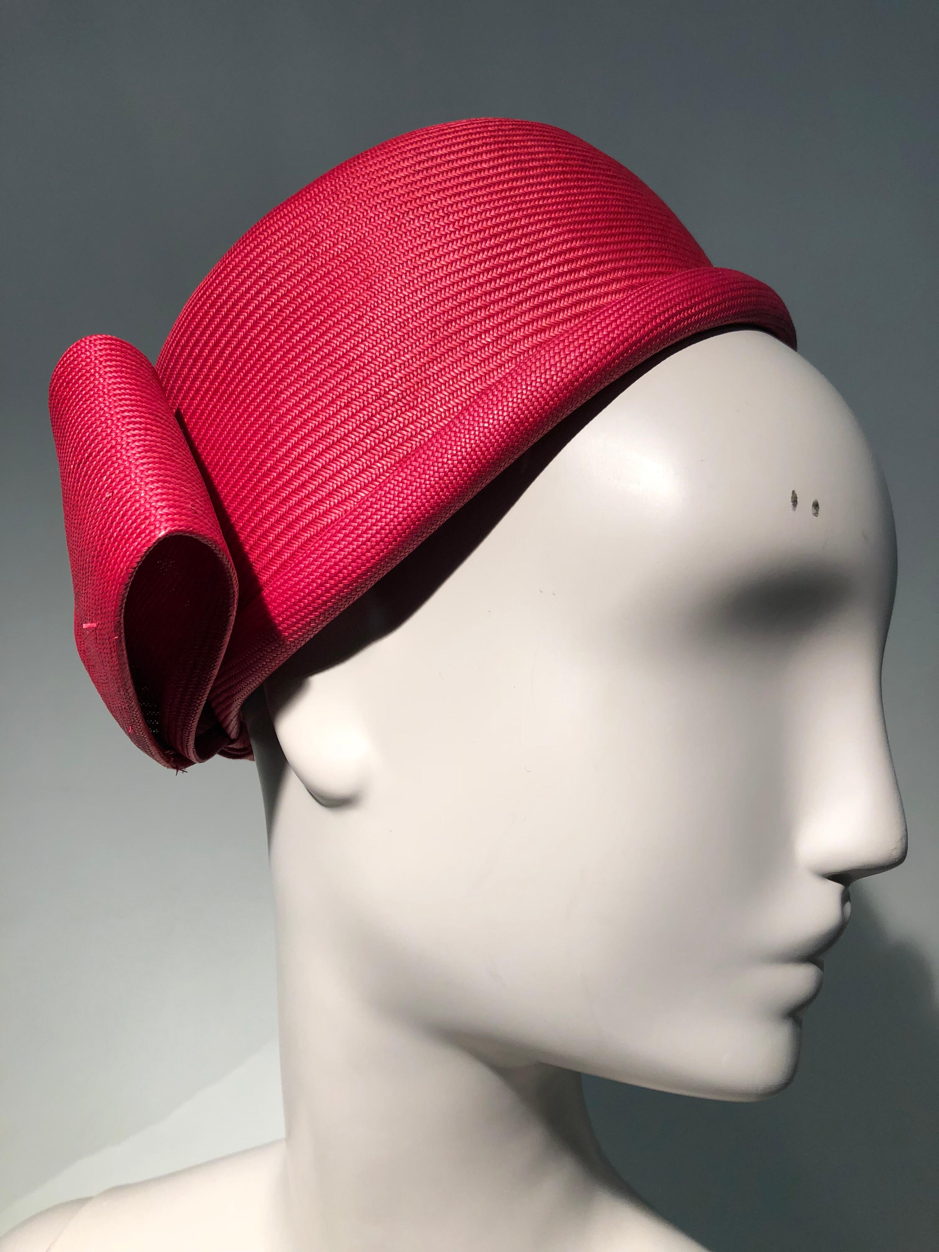 Women's 1960s Irene Of New York Fuchsia Straw Pillbox Hat W/ Large Bow At Back For Sale
