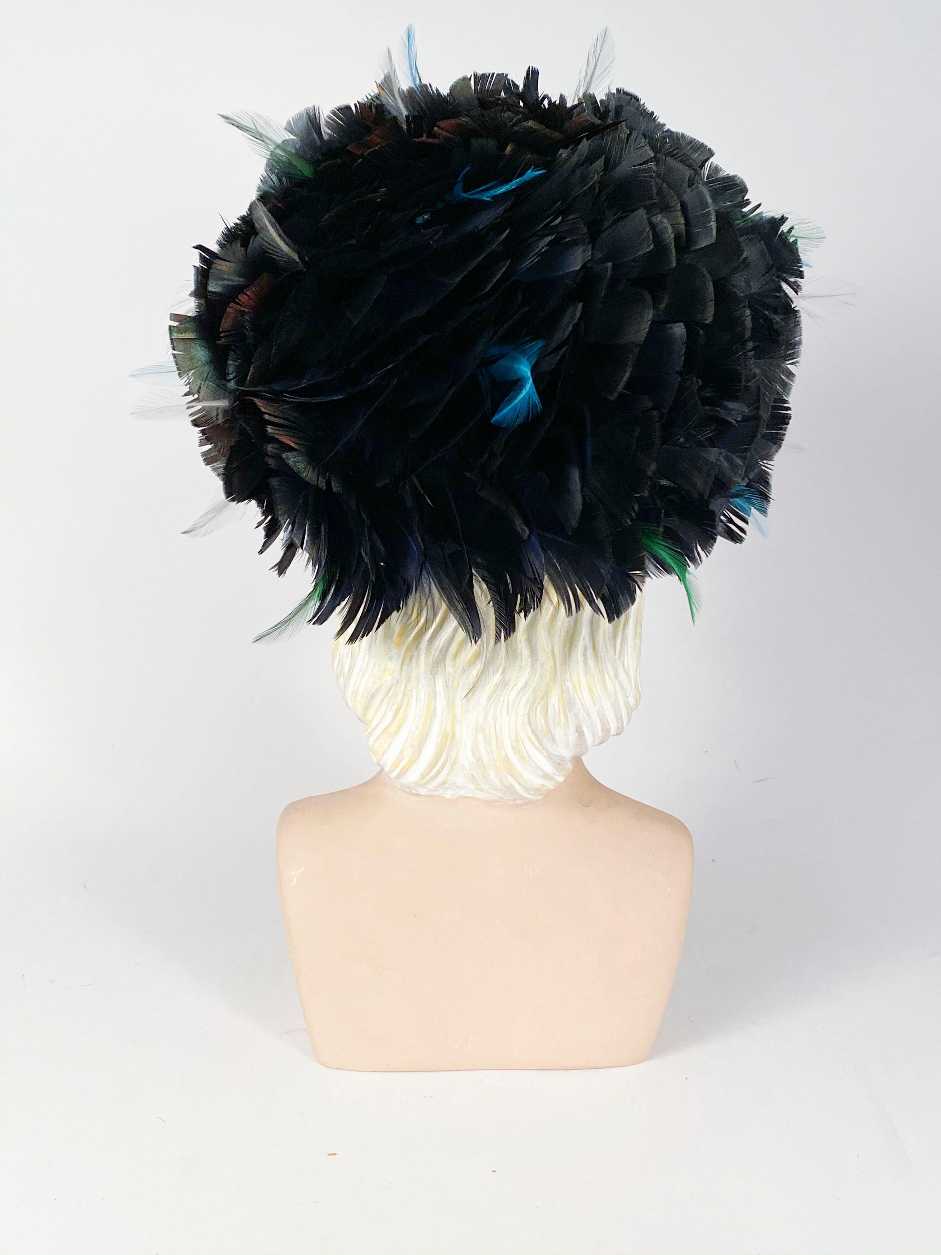 1960s Iridescent Black Feathered Hat  In Good Condition In San Francisco, CA