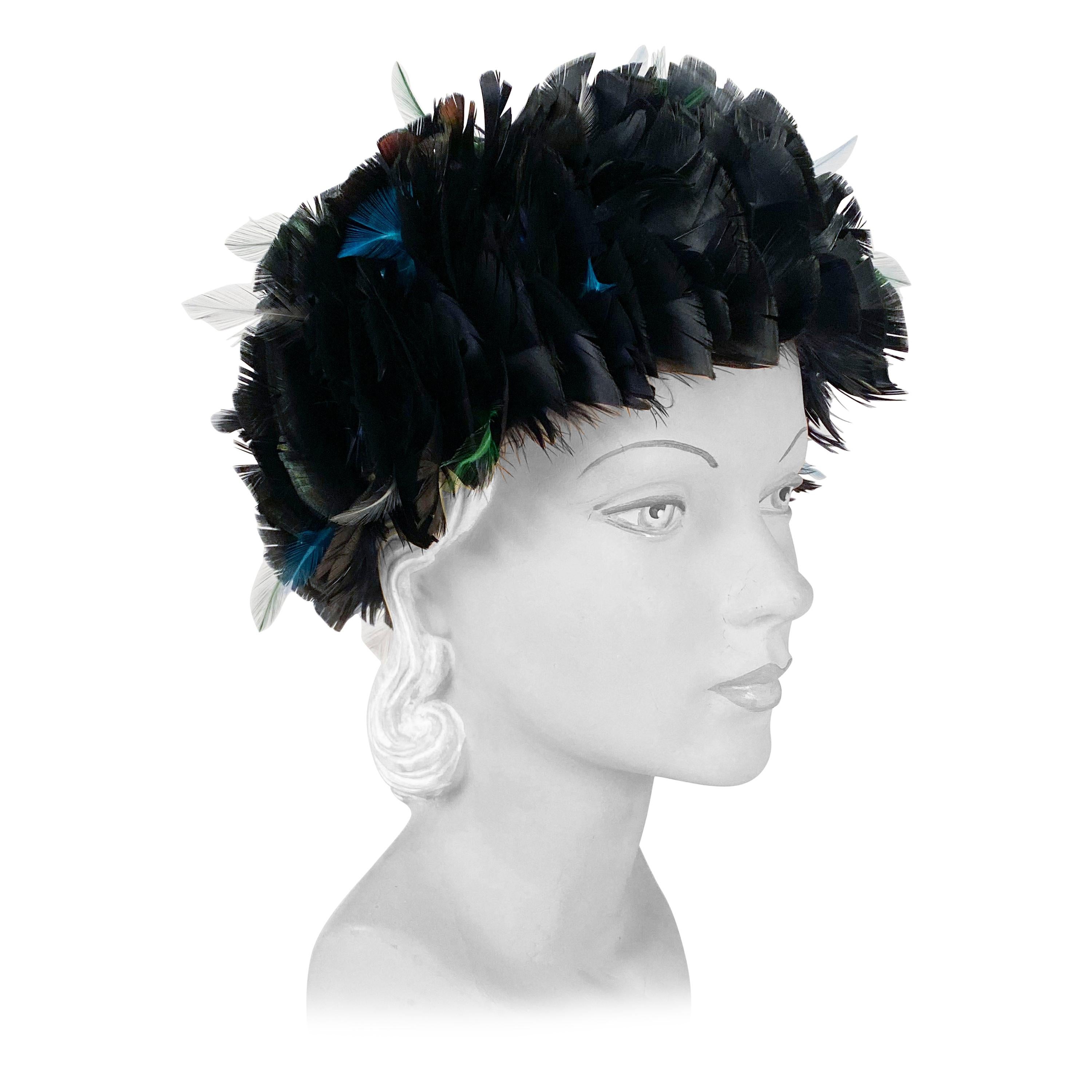 1960s Iridescent Black Feathered Hat 