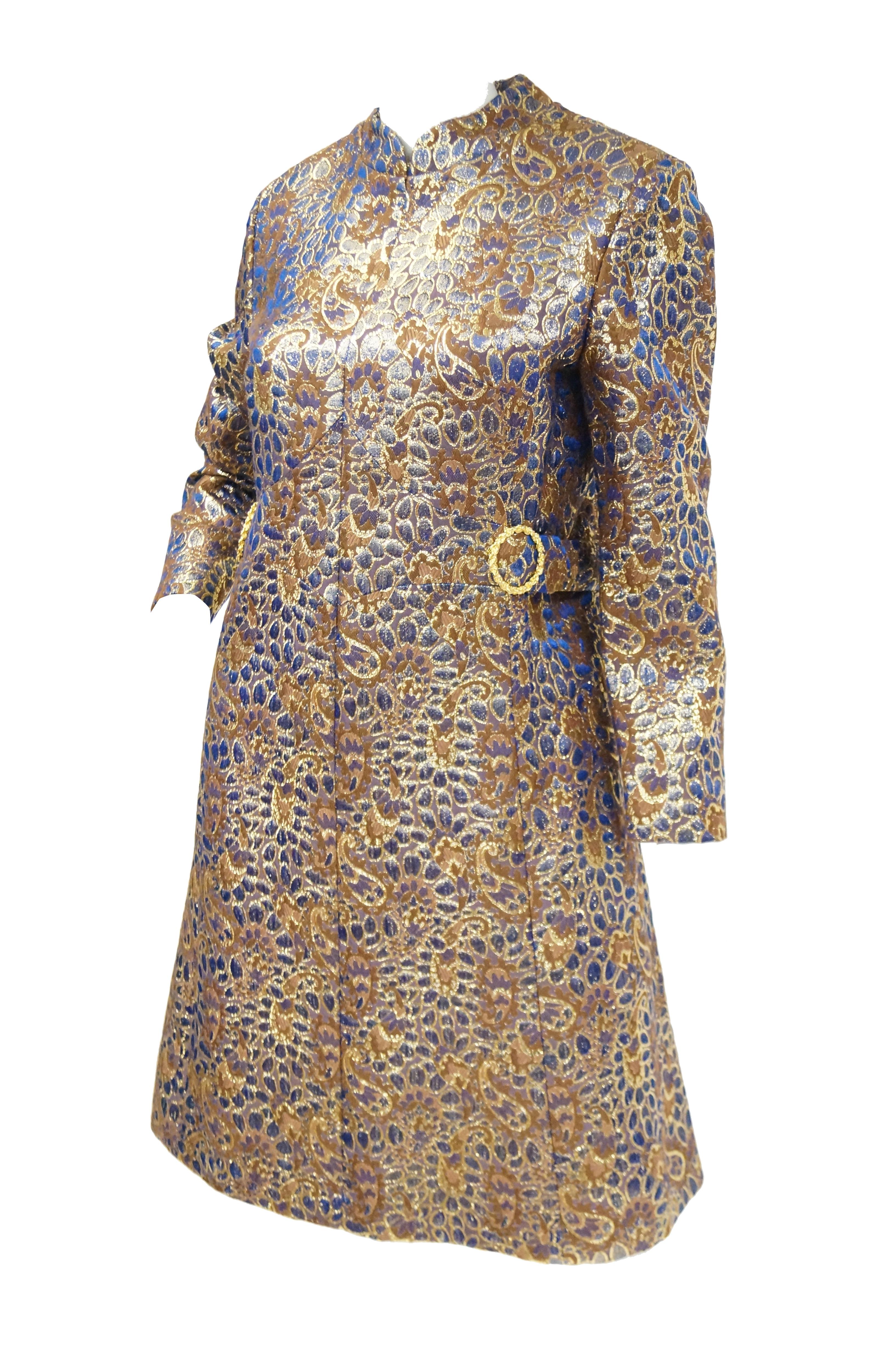 1960s Iridescent Blue and Brown Floral Brocade Mod Dress In Excellent Condition In Houston, TX