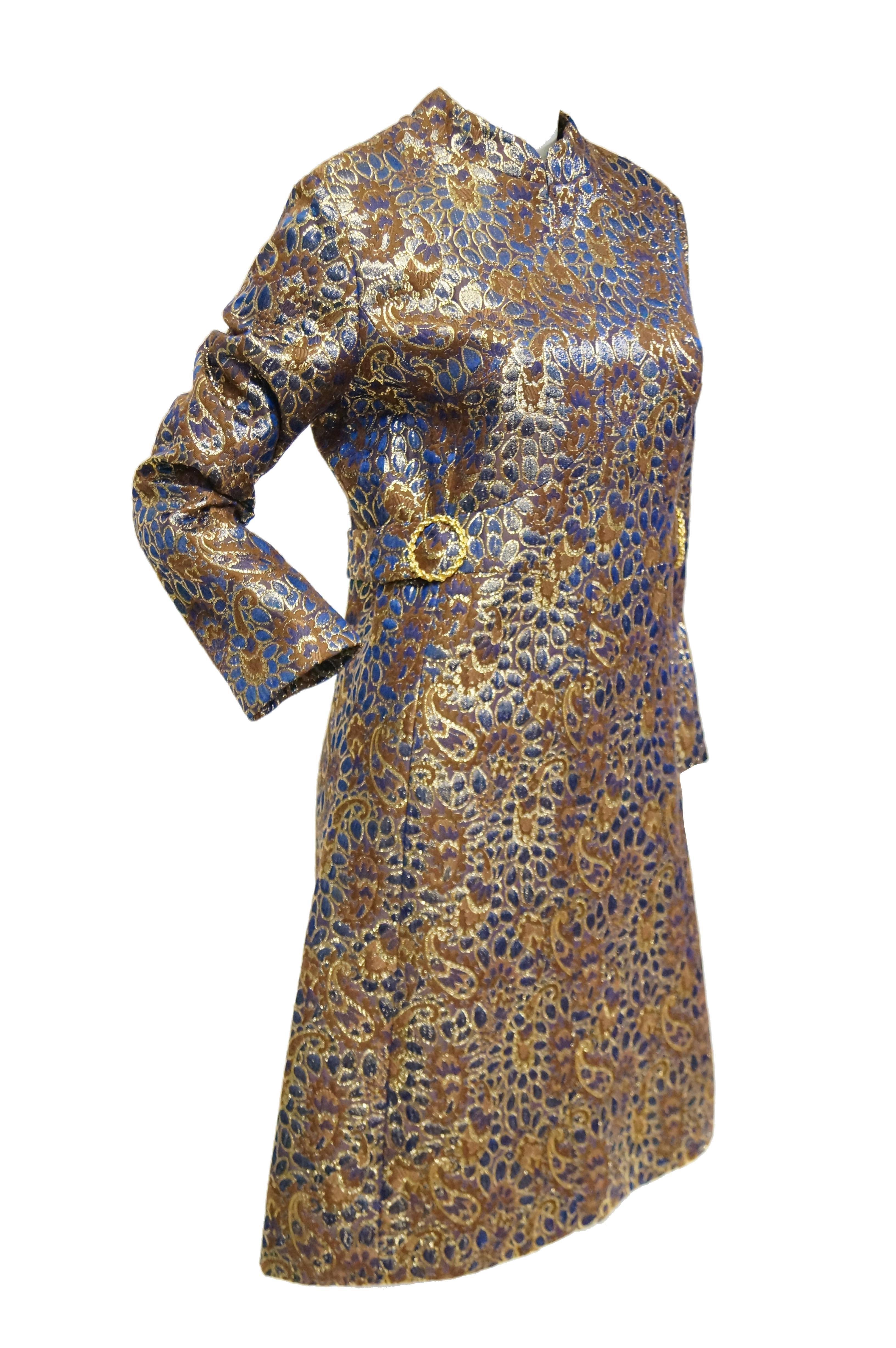 Women's 1960s Iridescent Blue and Brown Floral Brocade Mod Dress