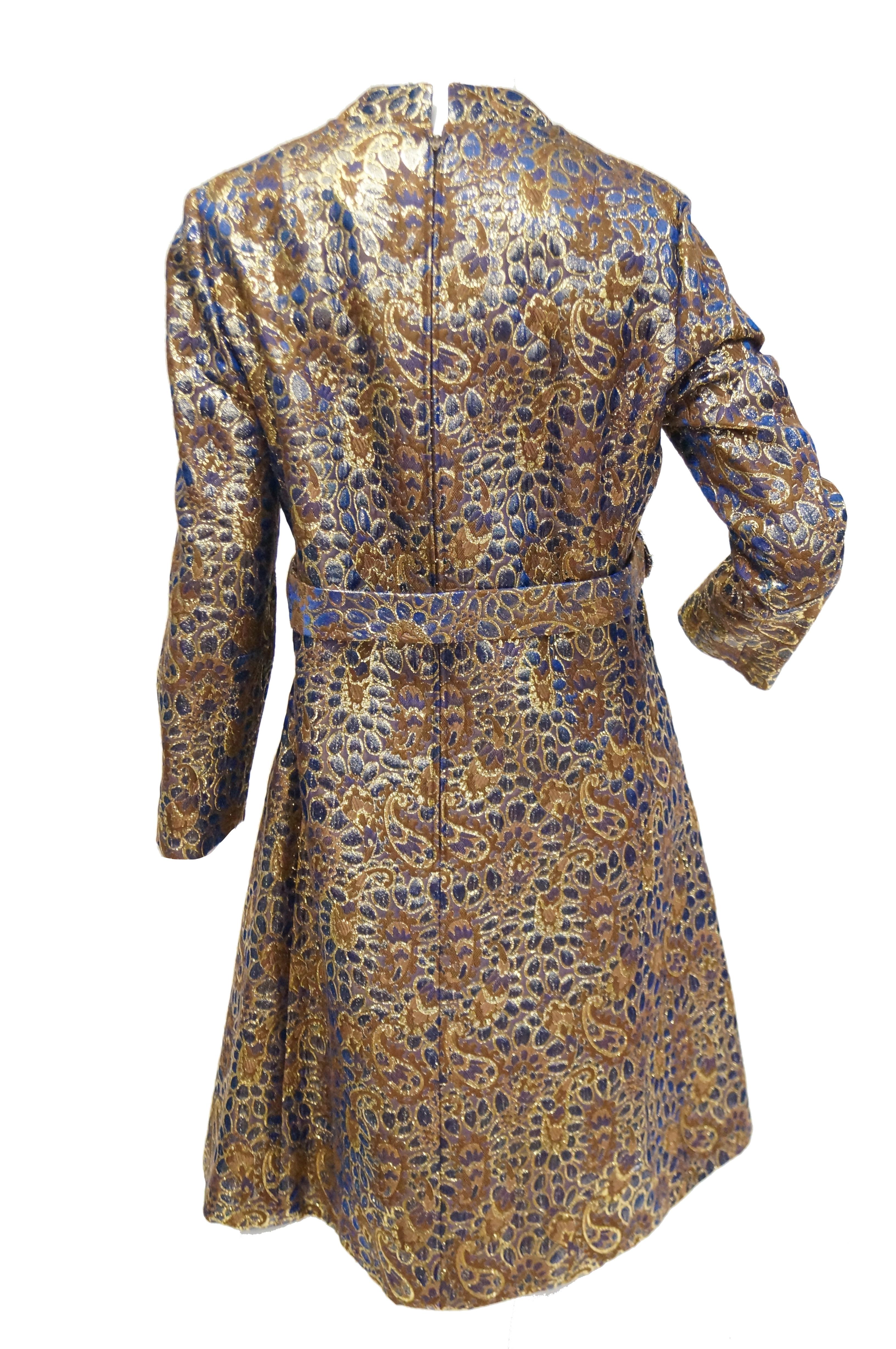 1960s Iridescent Blue and Brown Floral Brocade Mod Dress 2