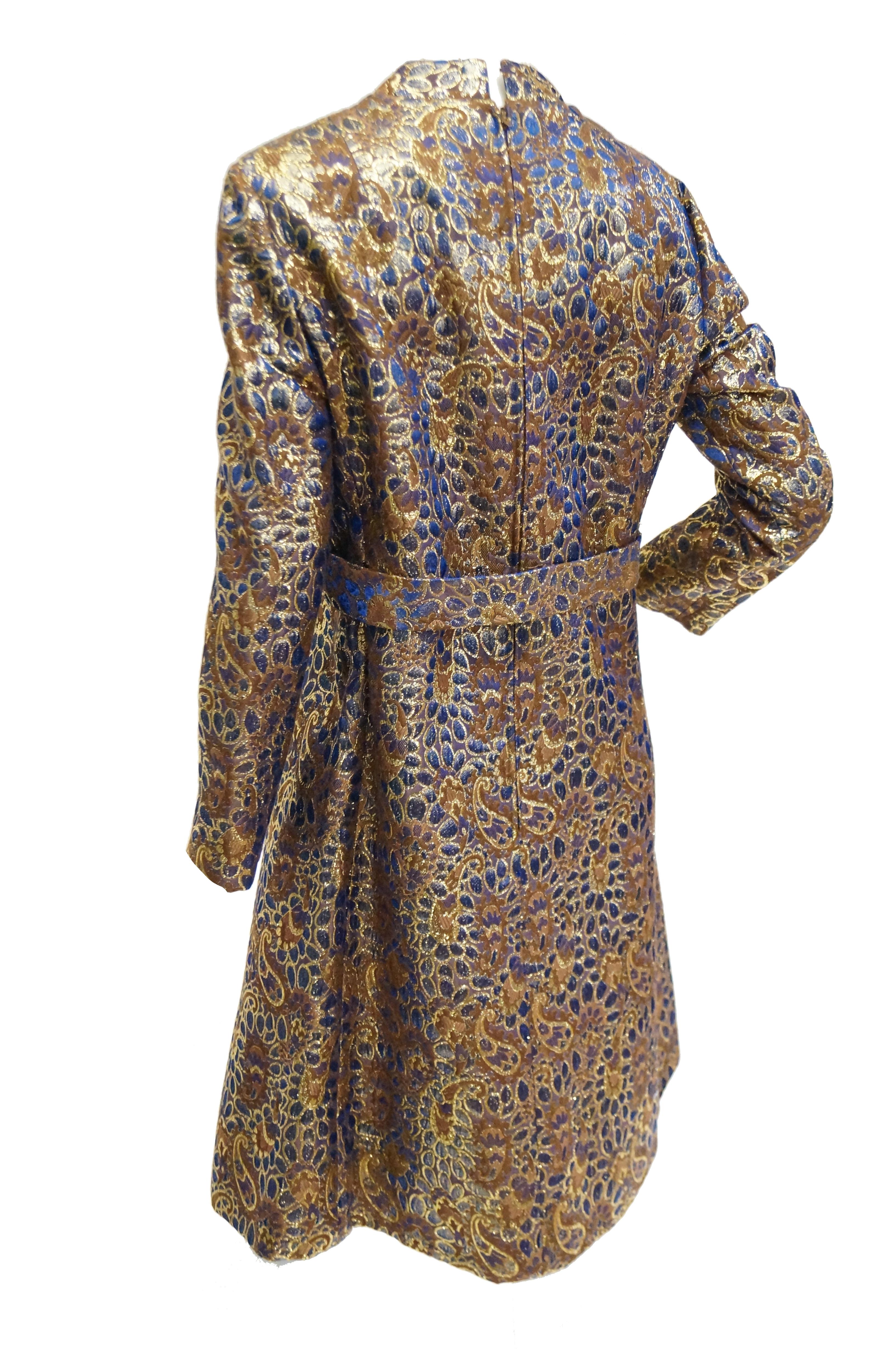 Women's 1960s Iridescent Blue and Brown Floral Brocade Mod Dress For Sale