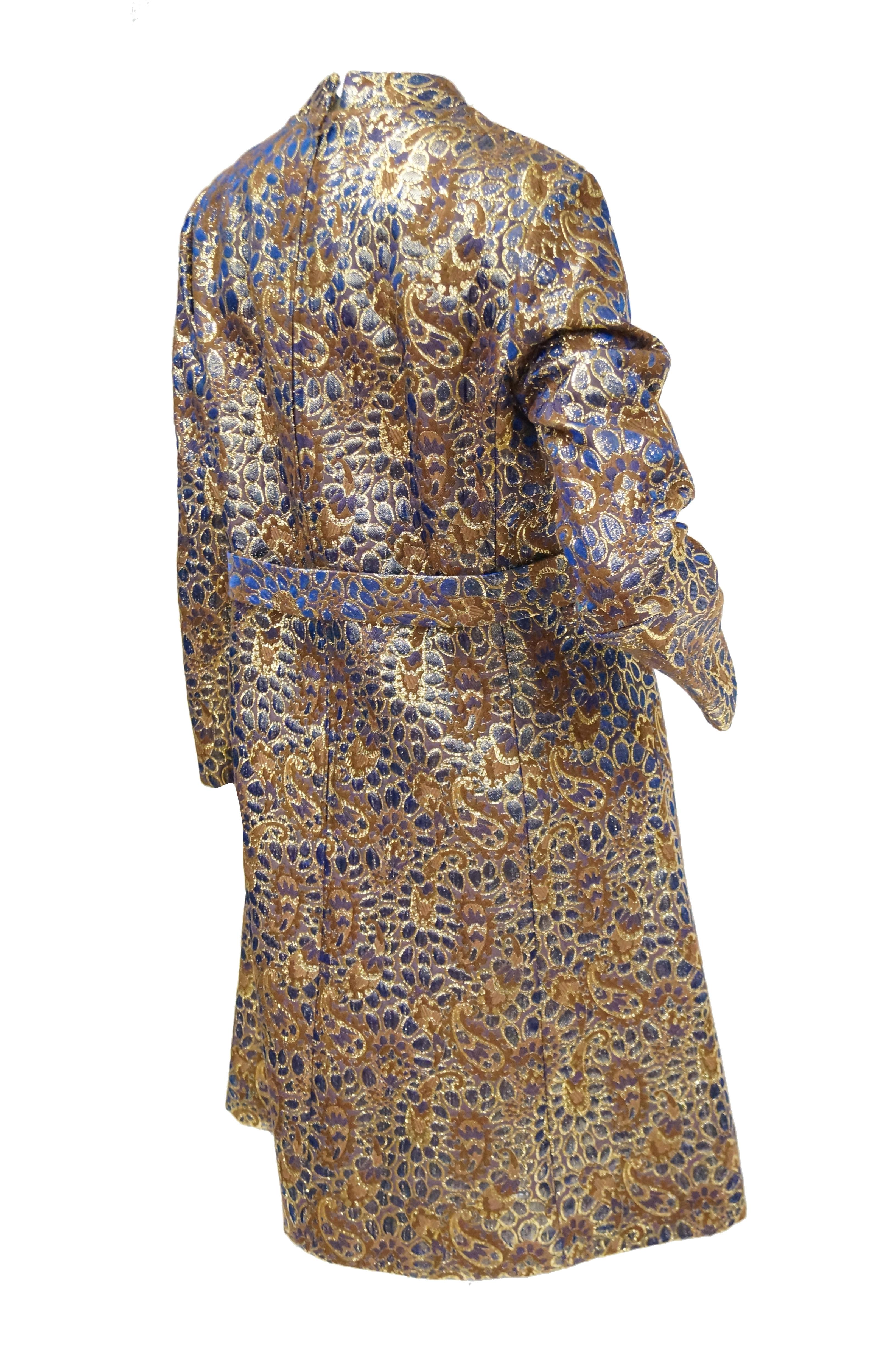 1960s Iridescent Blue and Brown Floral Brocade Mod Dress For Sale 1