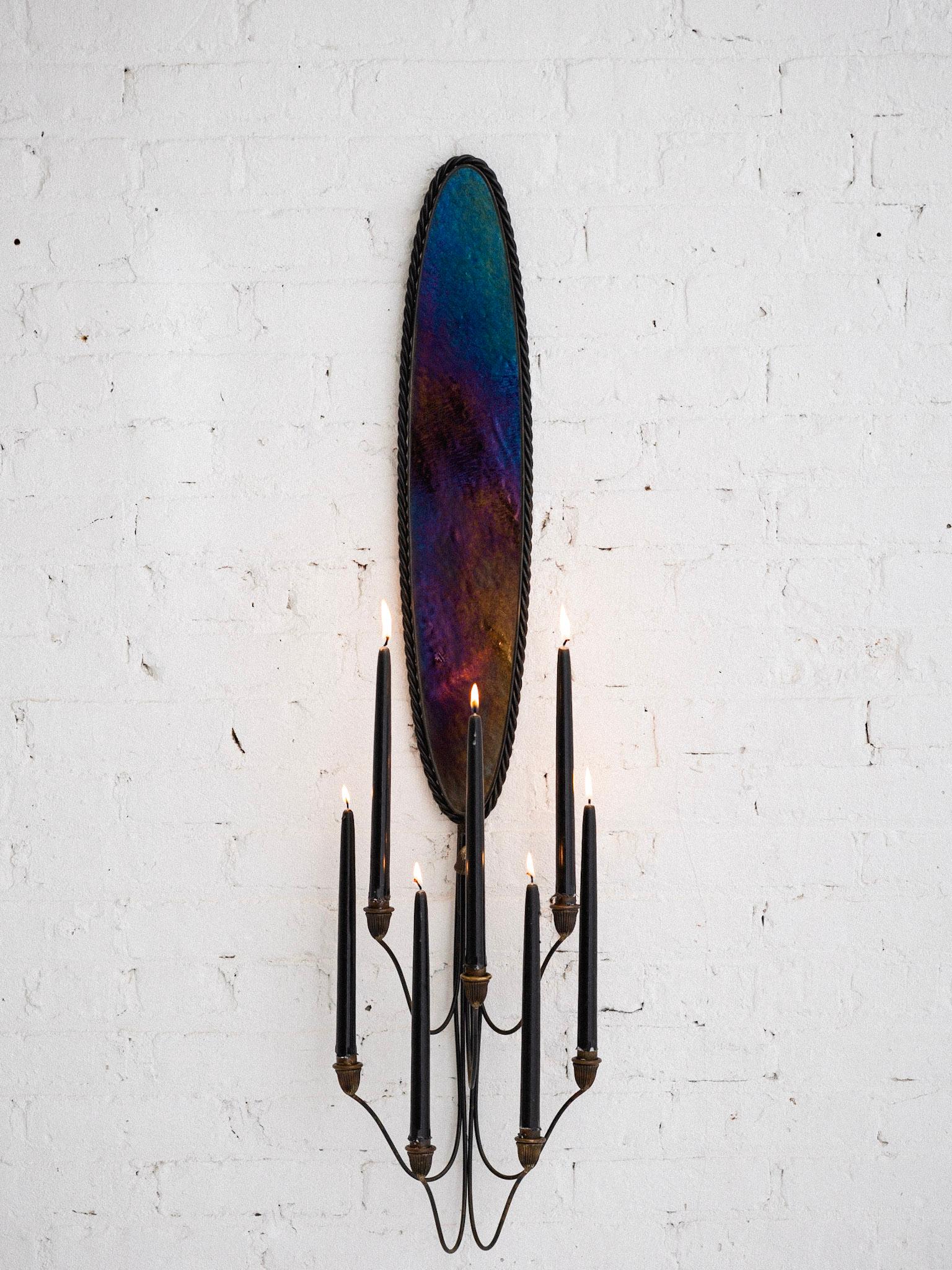Gothic 1960s Iridescent Glass and Twisted Iron Candle Sconce For Sale