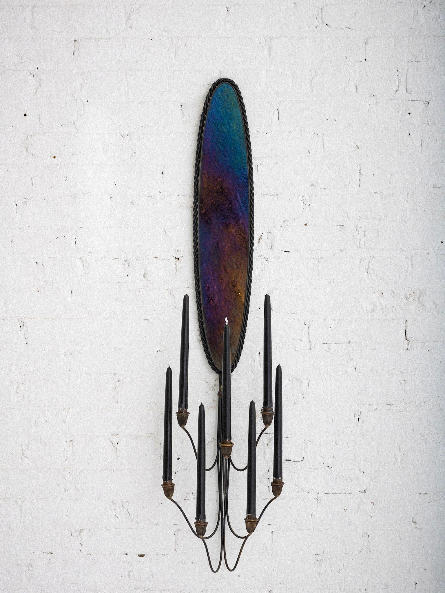 1960s Iridescent Glass and Twisted Iron Candle Sconce In Good Condition For Sale In Brooklyn, NY