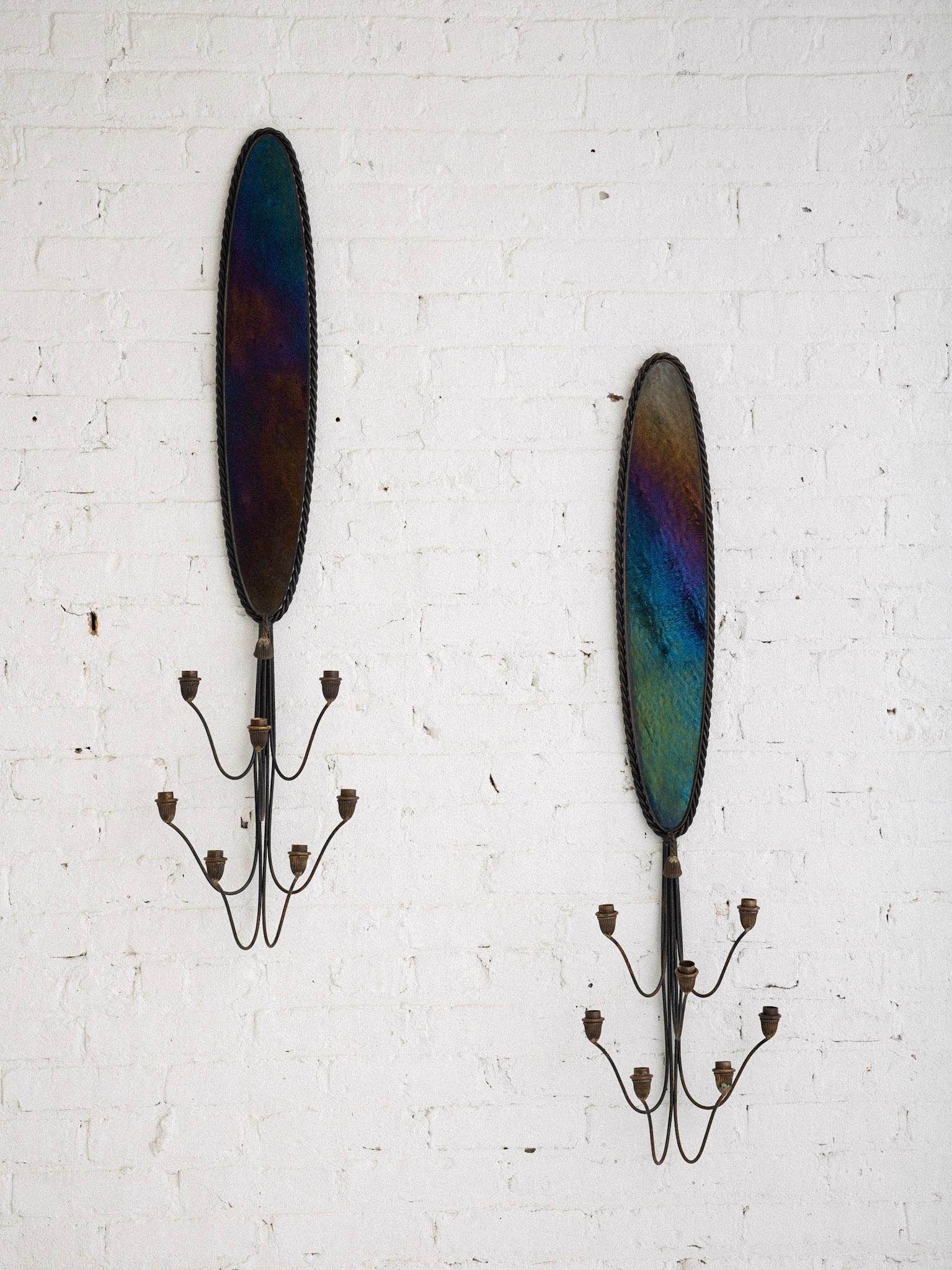 Mid-20th Century 1960s Iridescent Glass and Twisted Iron Candle Sconce For Sale