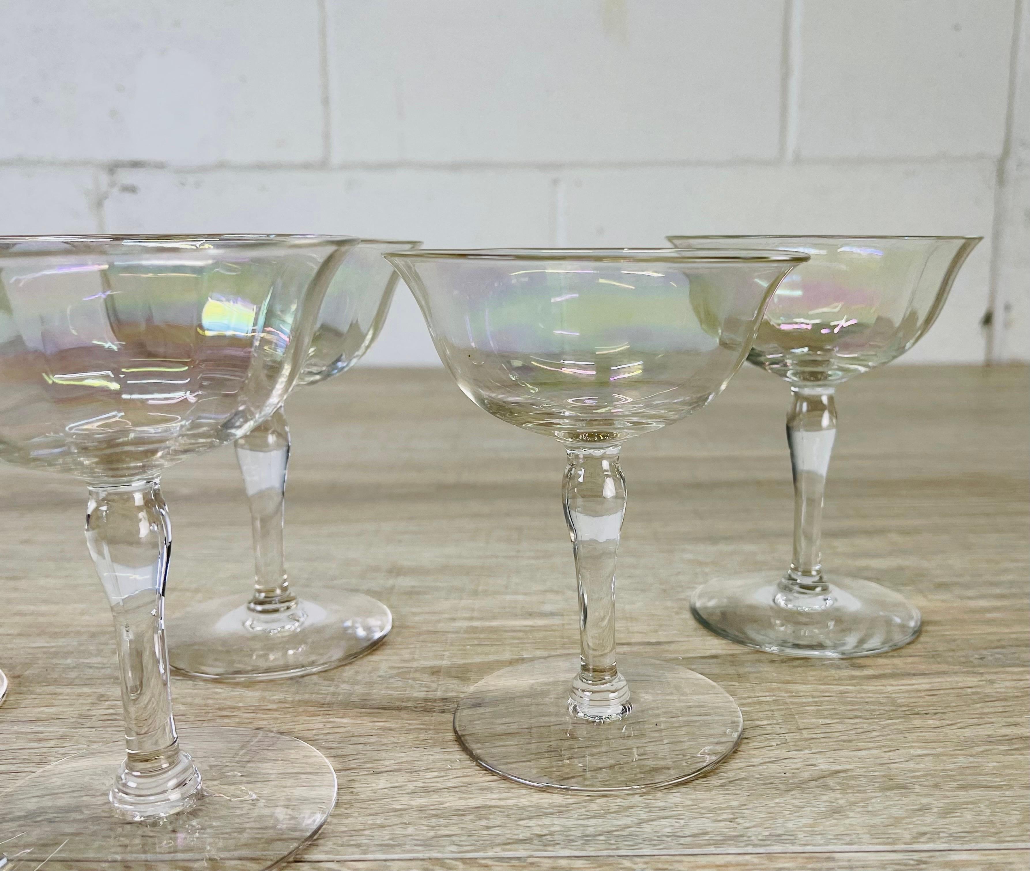 1960s Iridescent Glass Coupe Stems, Set of 6 In Good Condition For Sale In Amherst, NH