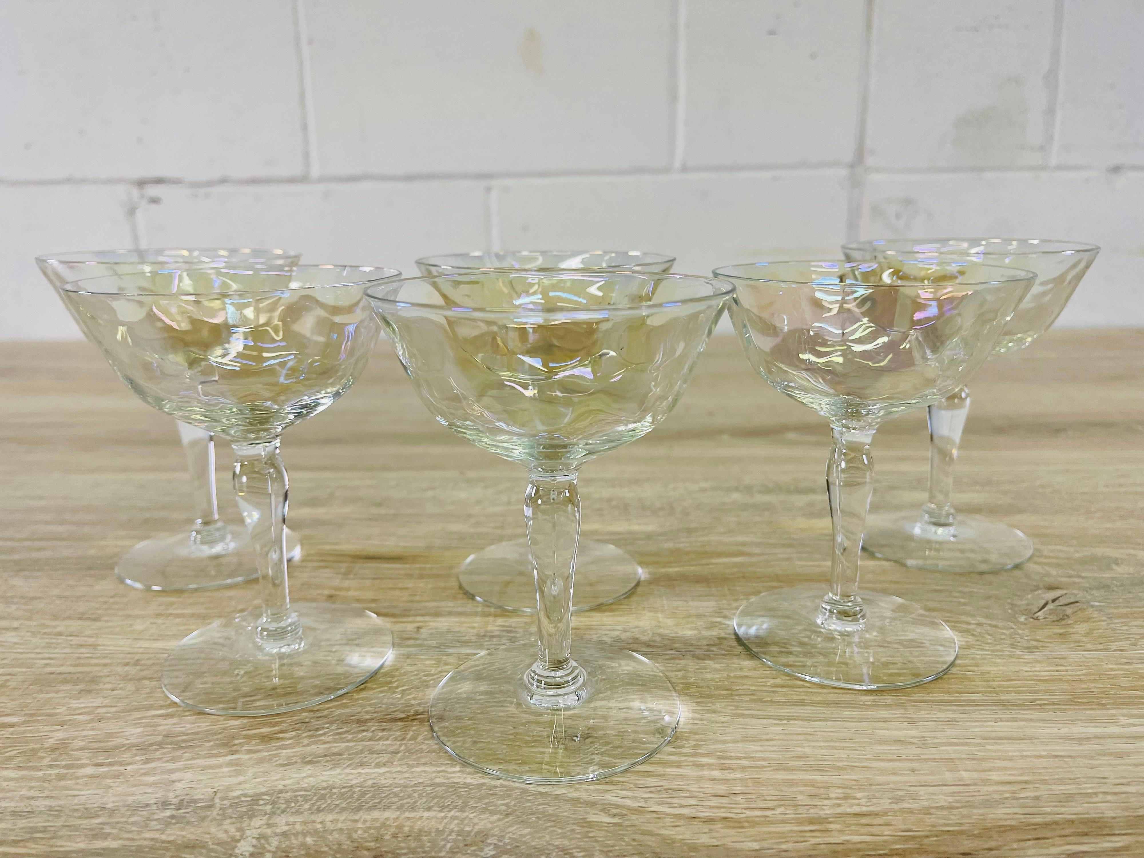Vintage 1960s set of 6 iridescent glass coupe stems. No marks.