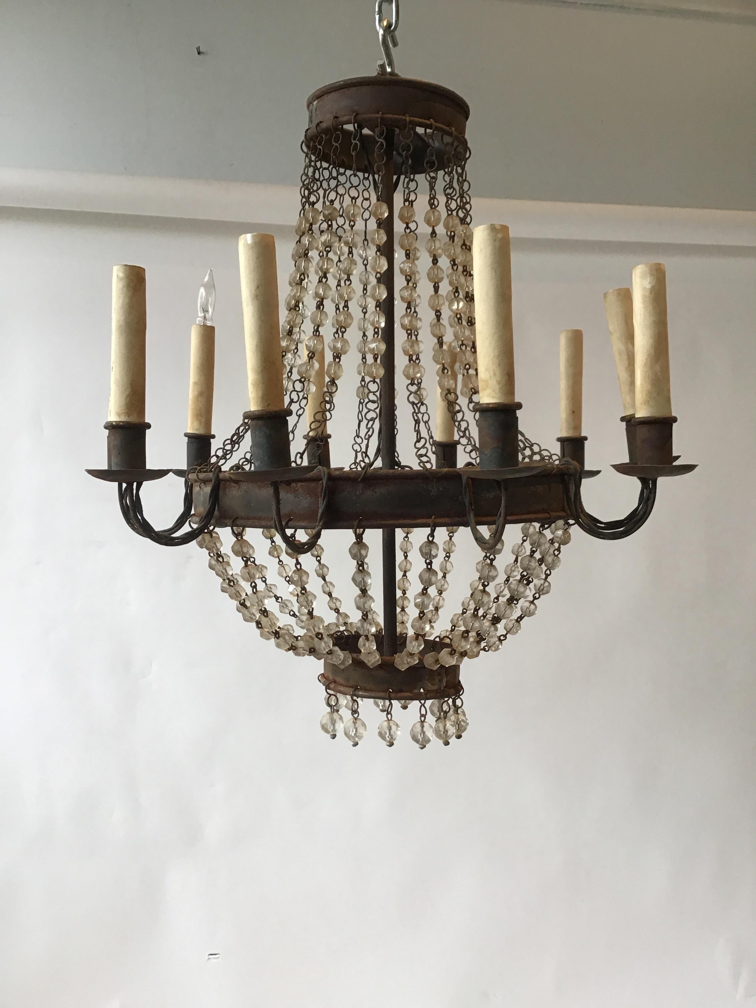 Mid-20th Century 1960s Rusted Metal and Crystal Chandelier For Sale