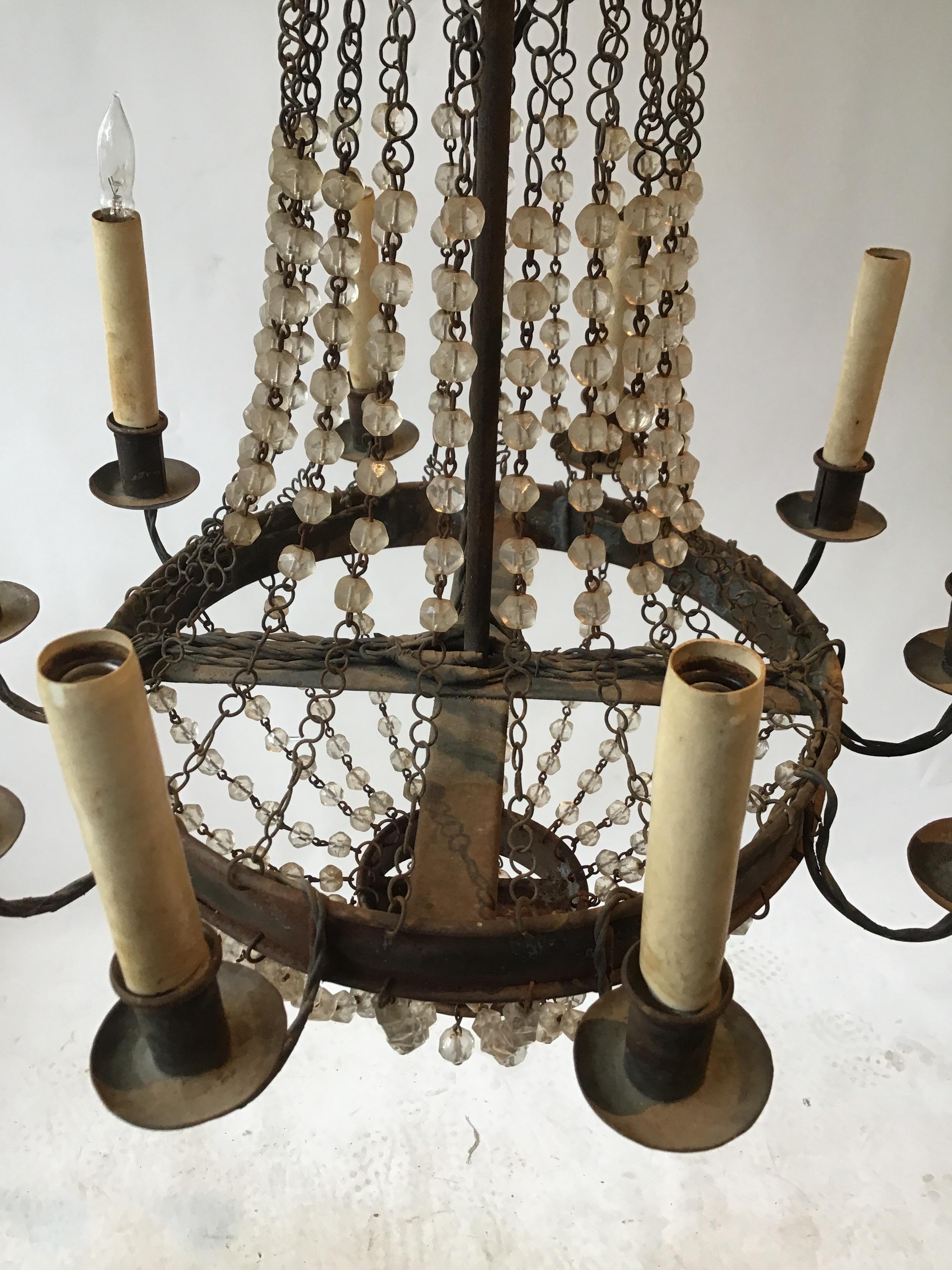 Iron 1960s Rusted Metal and Crystal Chandelier For Sale