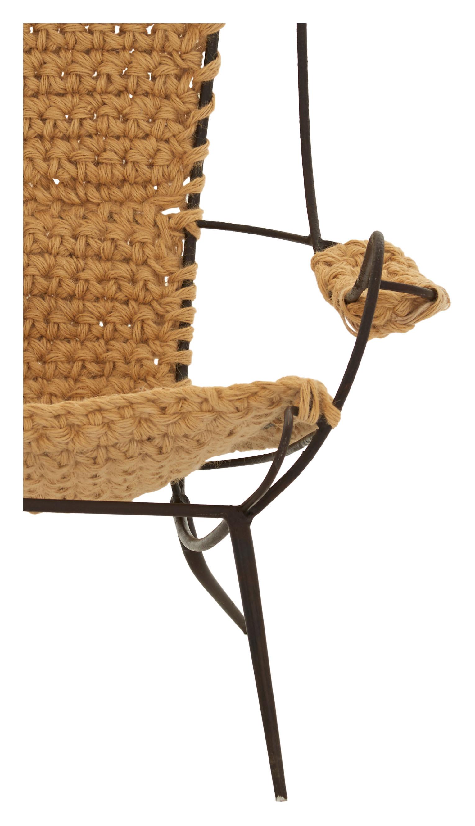 Mid-Century Modern 1960s Iron Frame Lounge Chair with Braided Jute Seat
