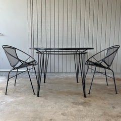 1960s iron Salterini outdoor bistro dining set, table and two chairs