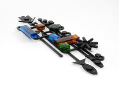 1960s Iron Wall Decoration Sculpture with Glass Elements, Dantoft Kunstartikler