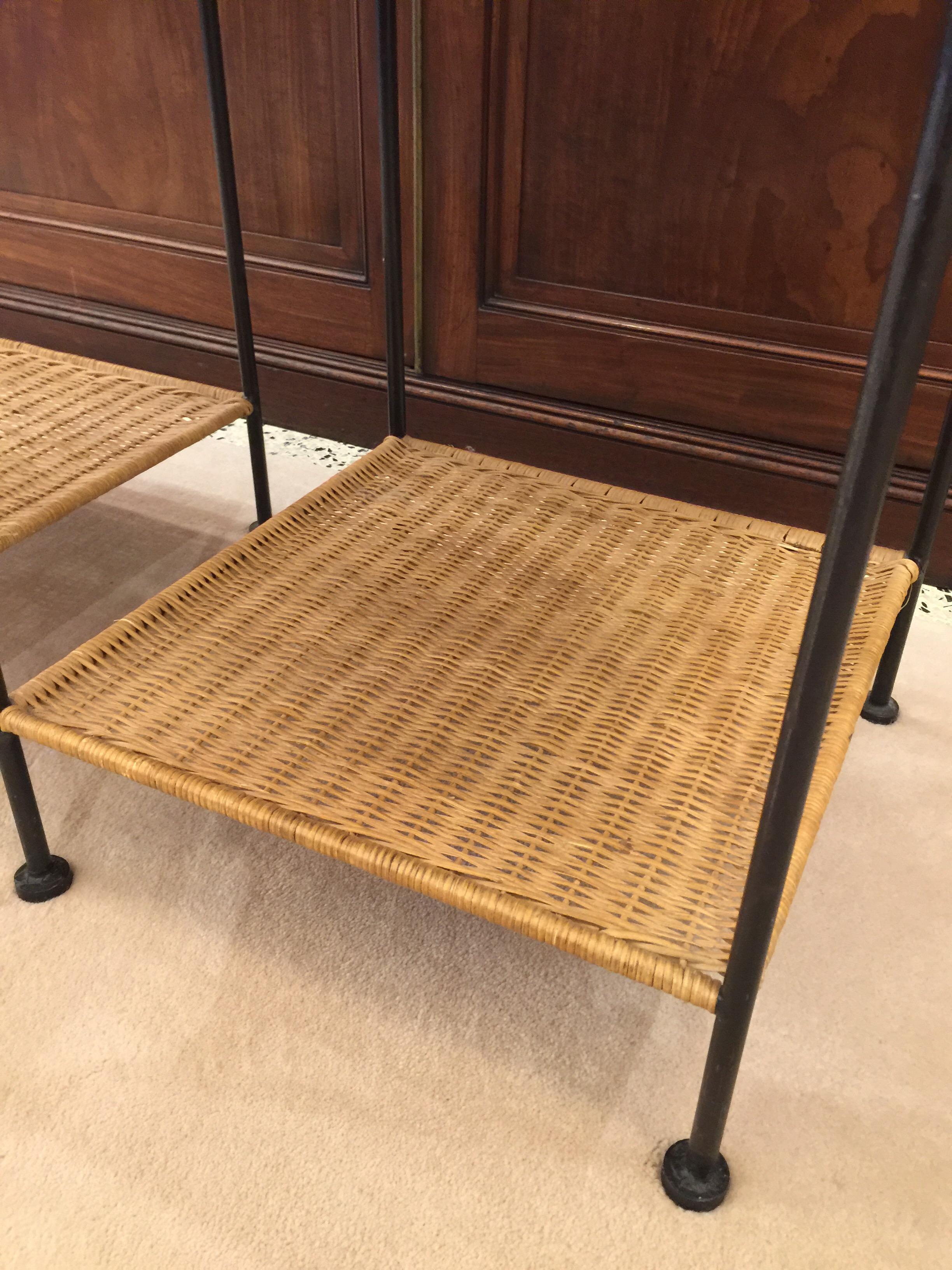 Mid-Century Modern Iron and Wicker Sidetables in the Style of Paul McCobb