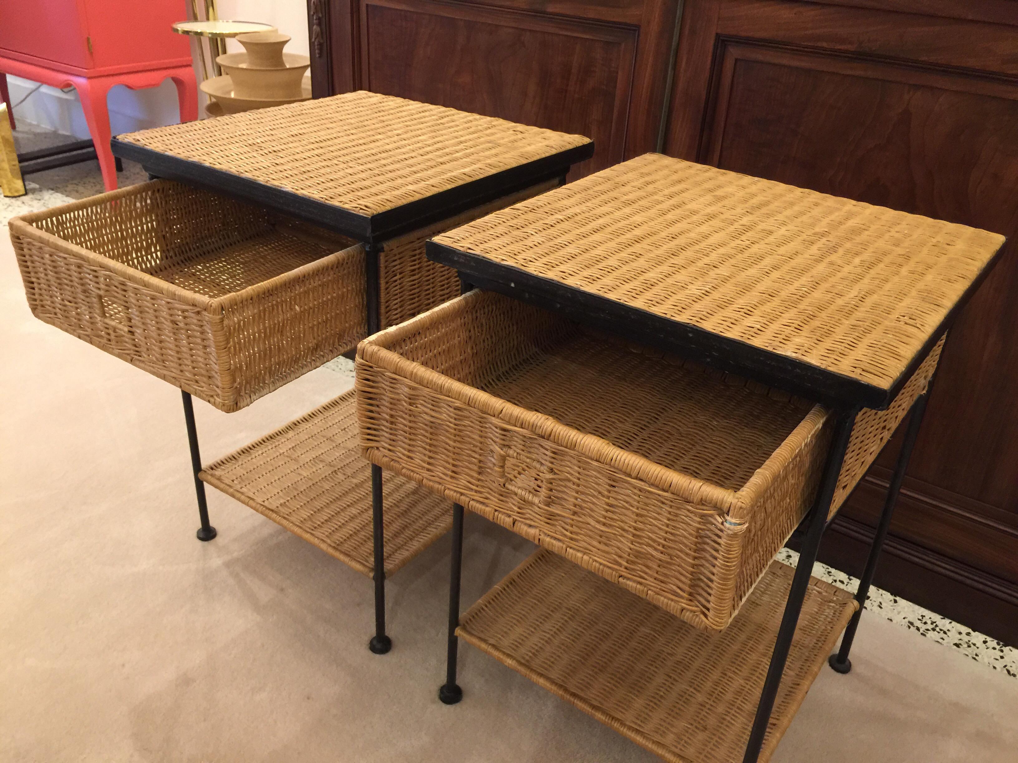 Iron and Wicker Sidetables in the Style of Paul McCobb In Good Condition In East Hampton, NY