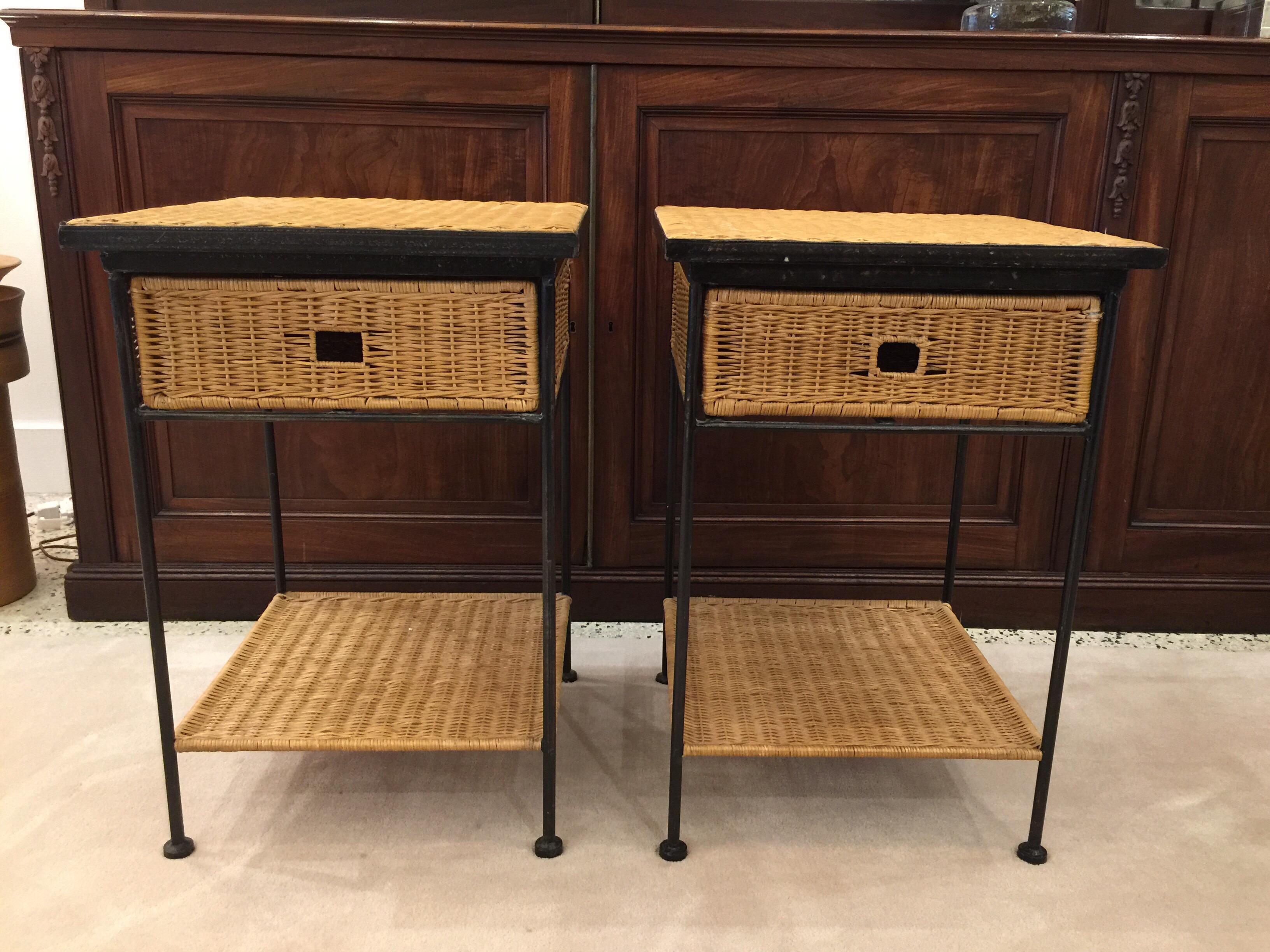 20th Century Iron and Wicker Sidetables in the Style of Paul McCobb