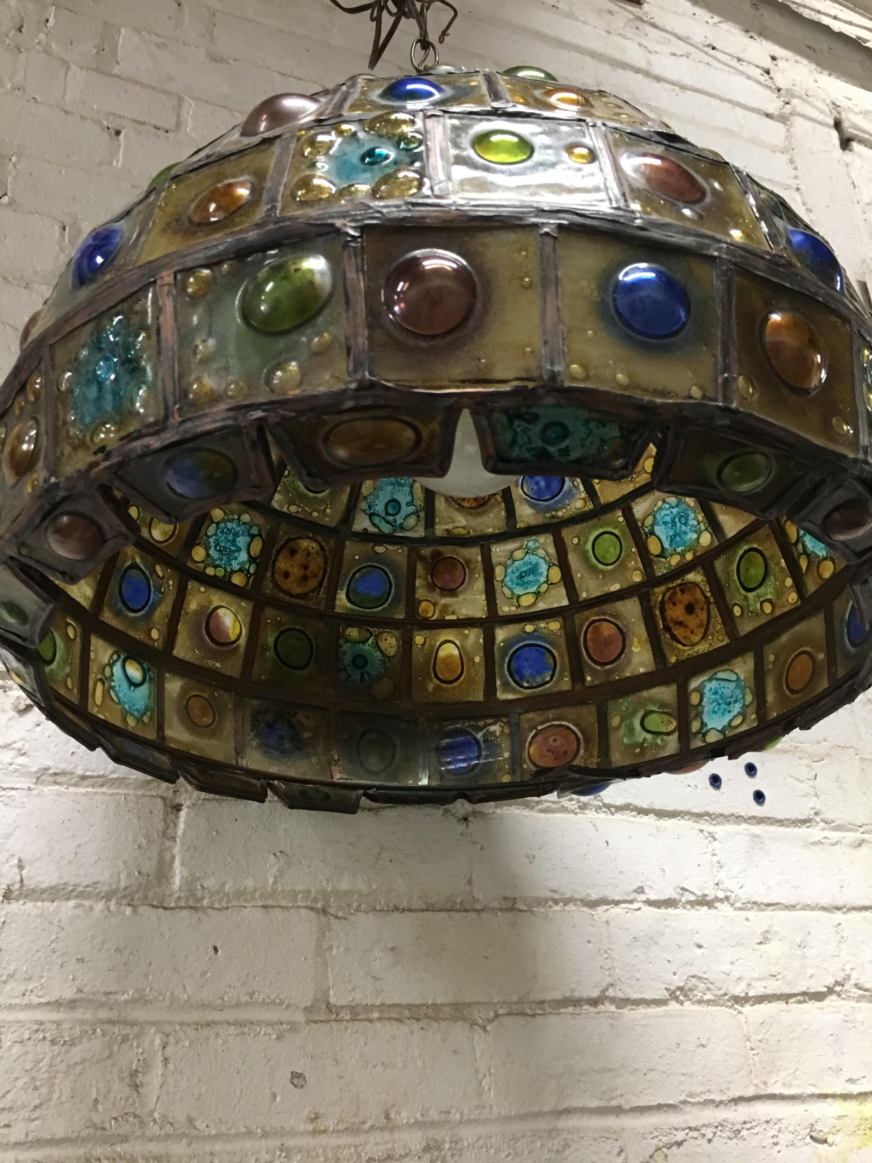 Mid-Century Modern 1960s Felipe Delfinger for Feders Jeweled Brutalist Glass Pendant Light Fixture 