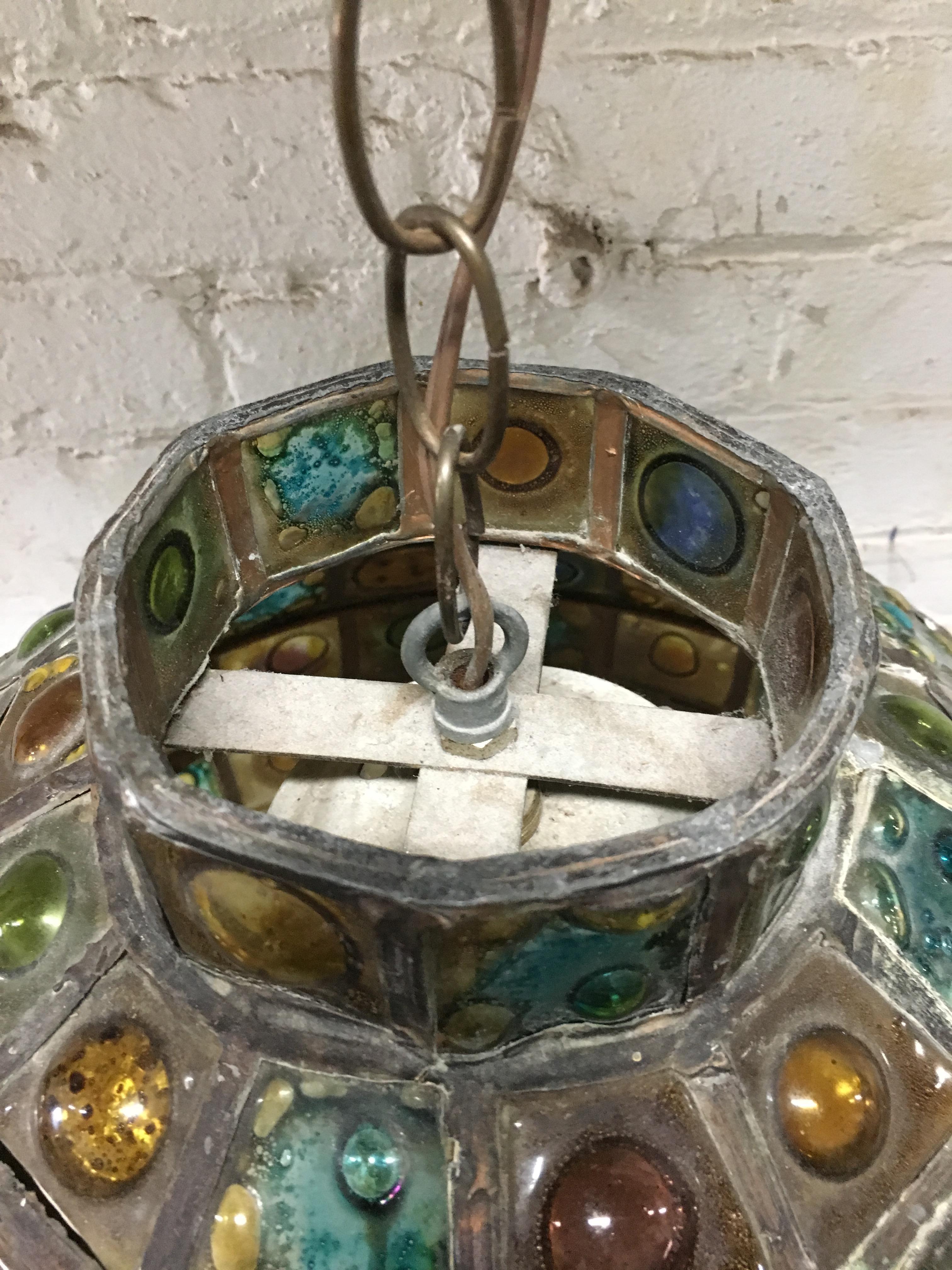 1960s Felipe Delfinger for Feders Jeweled Brutalist Glass Pendant Light Fixture  In Good Condition In Garnerville, NY
