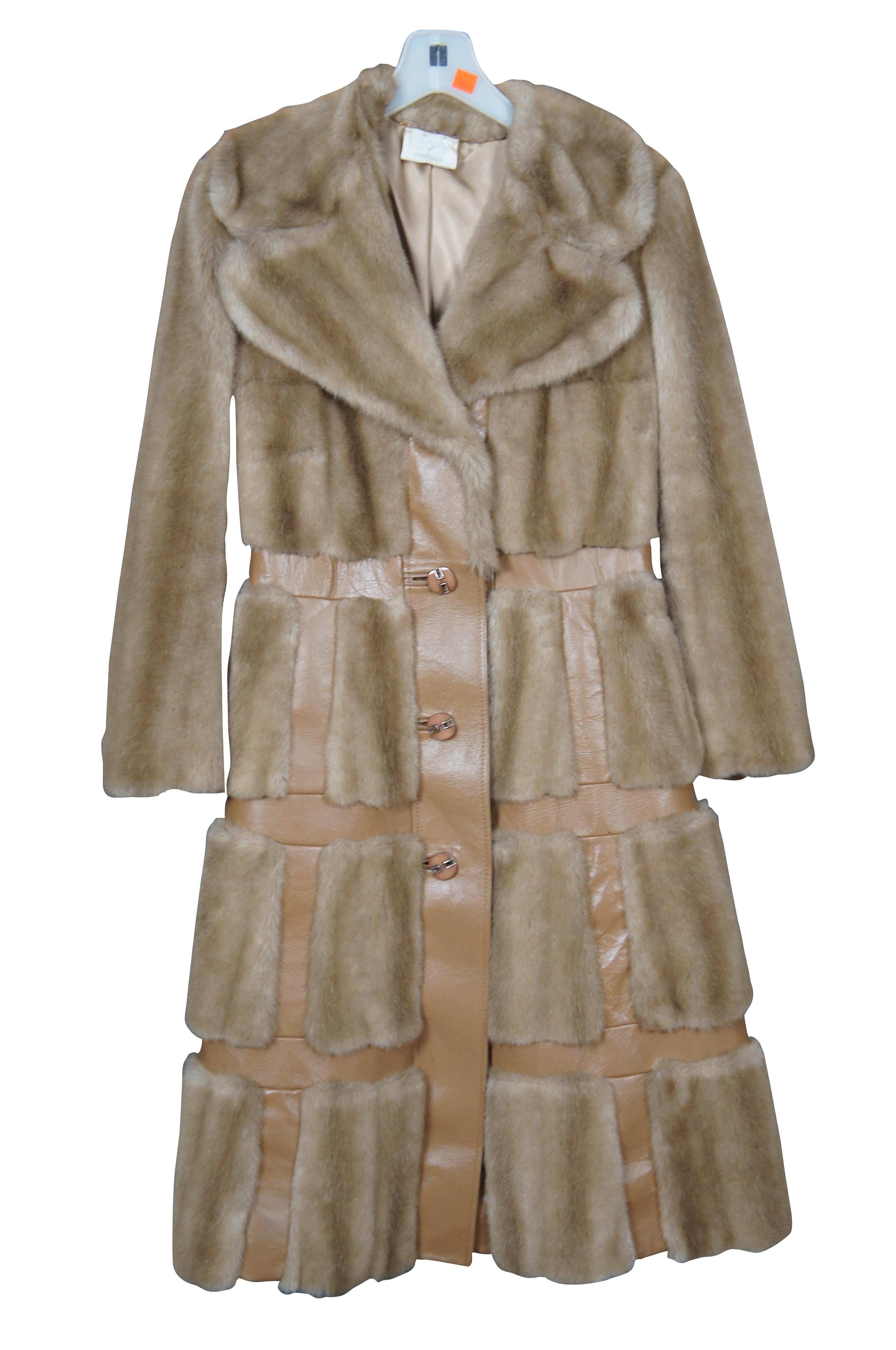 Vintage 1960s Tissavel of France women’s, three quarter length coat featuring simulation fur with a skirt intersected with a grid design and belt of faux leather, two side pockets, beige silk lining, and one interior pocket. Made in