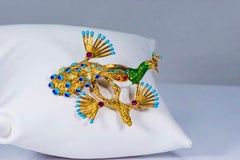 1960s Italian 18 Karat Yellow Gold Ruby Enamel Peacock Brooch Pin Pendant