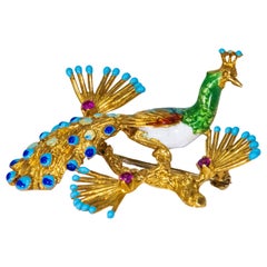 1960s Italian 18 Karat Yellow Gold Ruby Enamel Peacock Brooch Pin Pendant