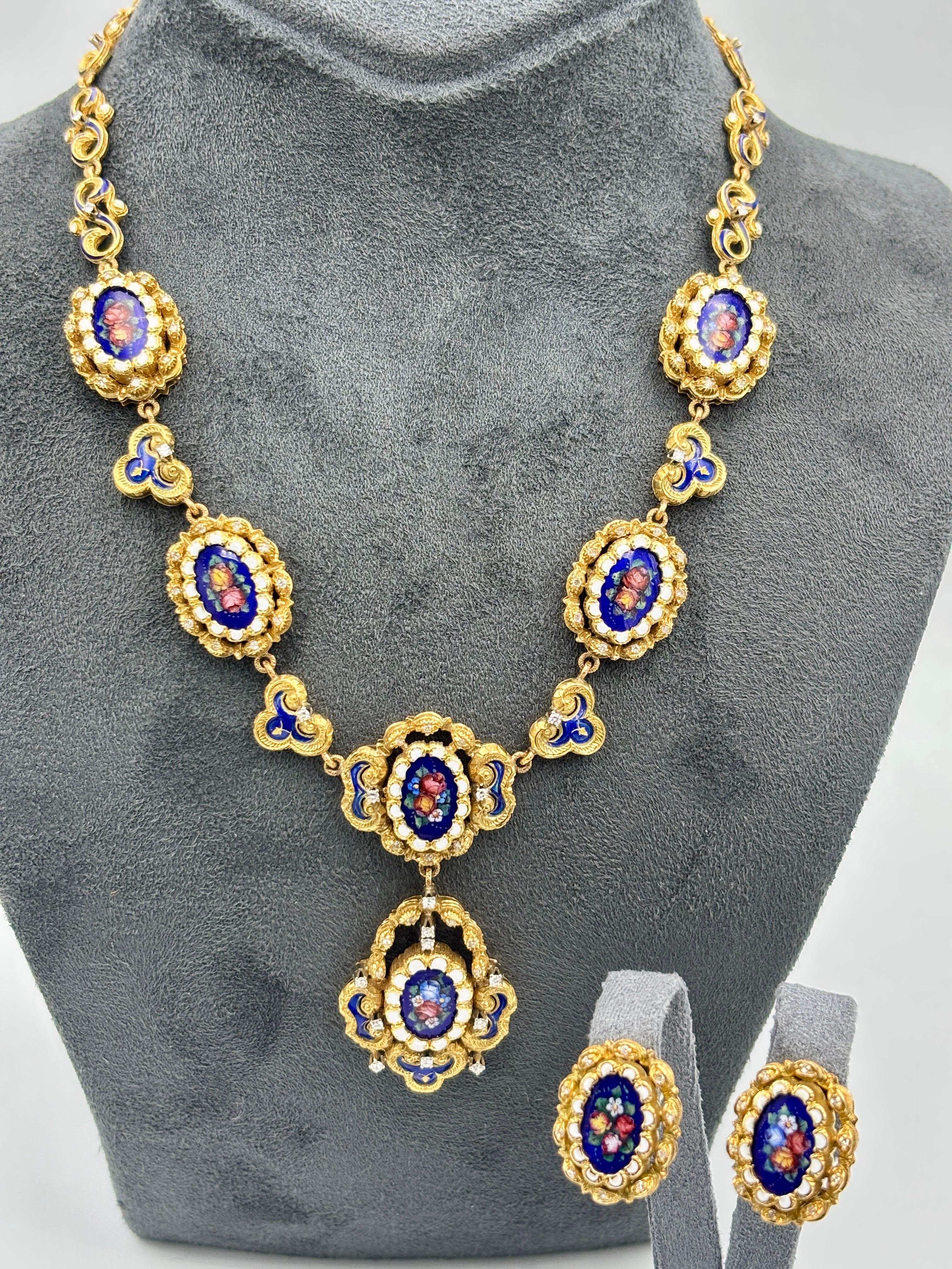 Collana e orecchini in oro 18 carati, smalto e diamanti, anni '60, Italia in vendita 2