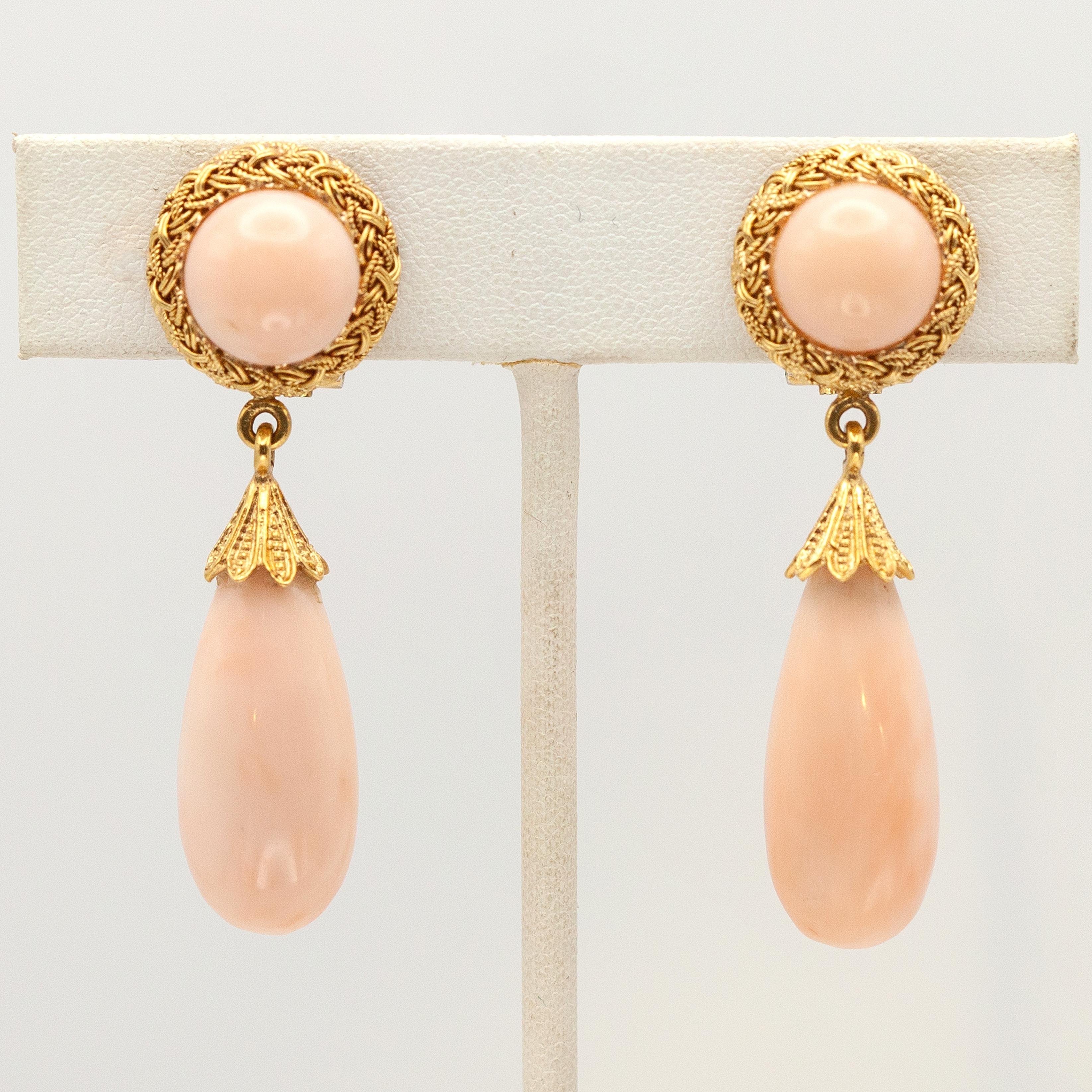 Modern Italy 18K YG Angel Skin Coral Drop Clip-on Earrings For Sale