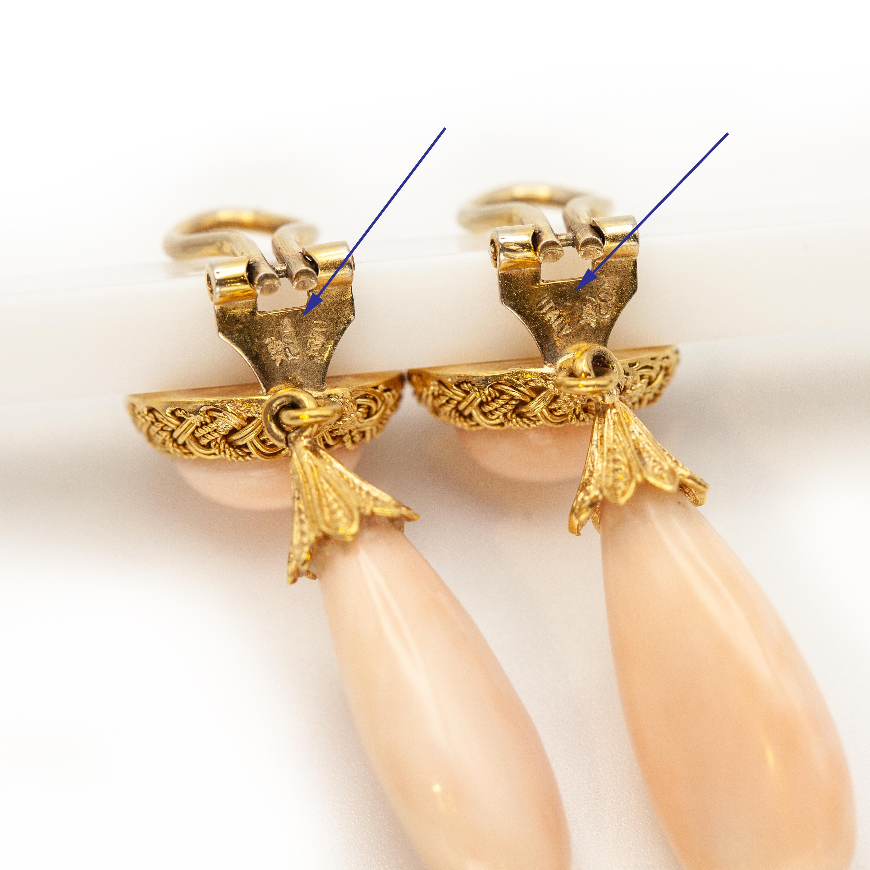 Women's Italy 18K YG Angel Skin Coral Drop Clip-on Earrings For Sale