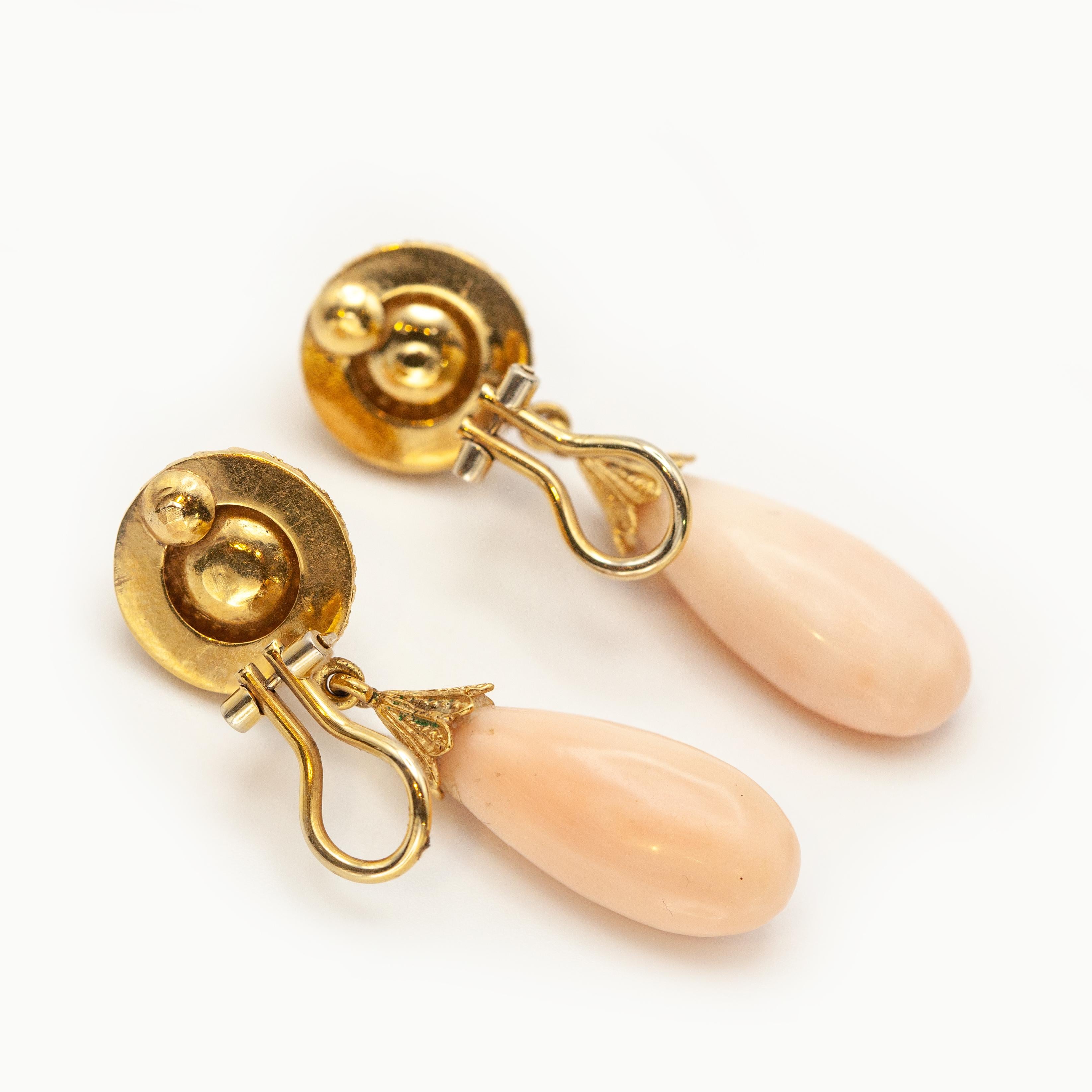 Italy 18K YG Angel Skin Coral Drop Clip-on Earrings For Sale 1