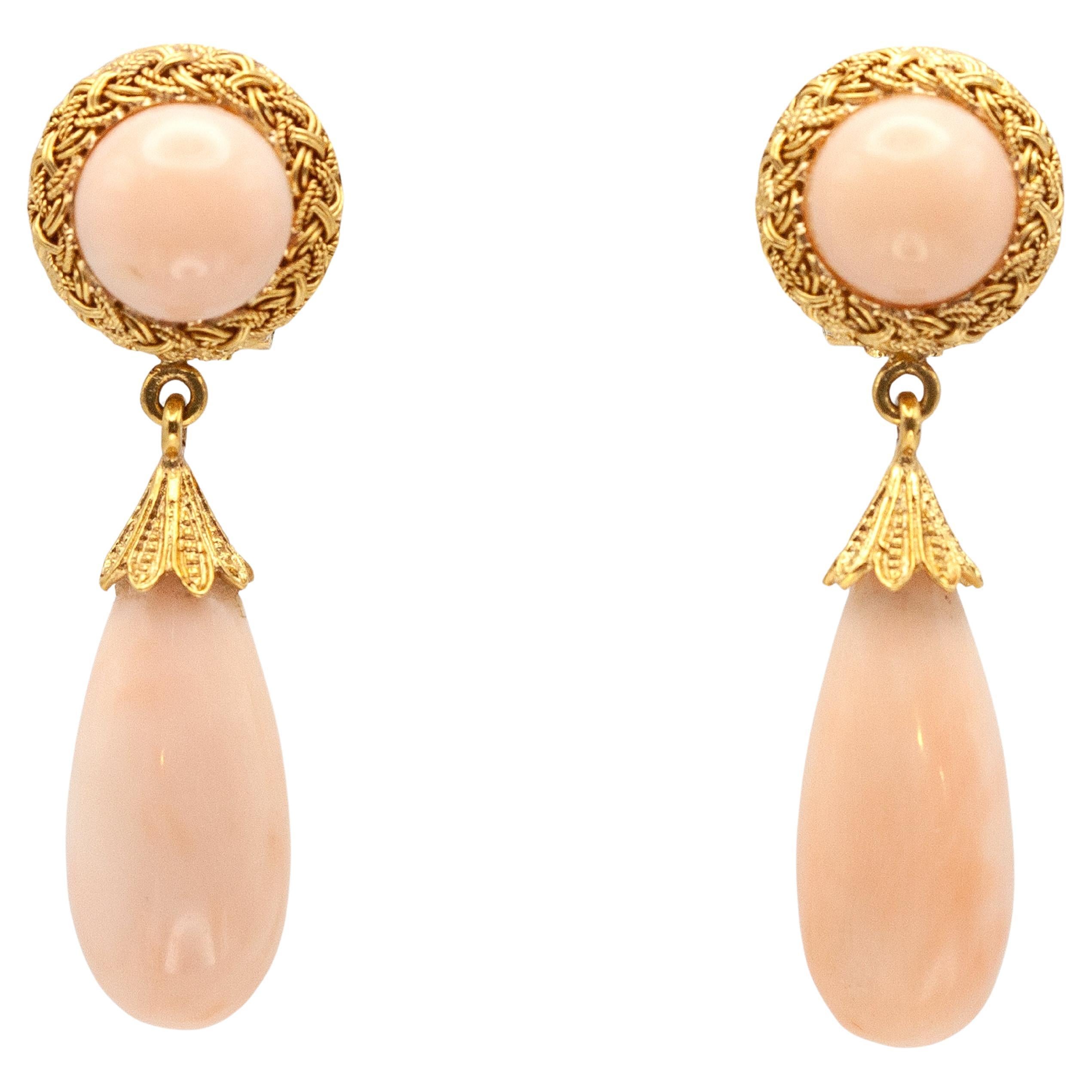 Pendientes de clip vintage Italia 18k YG Piel de Ángel Coral Gota