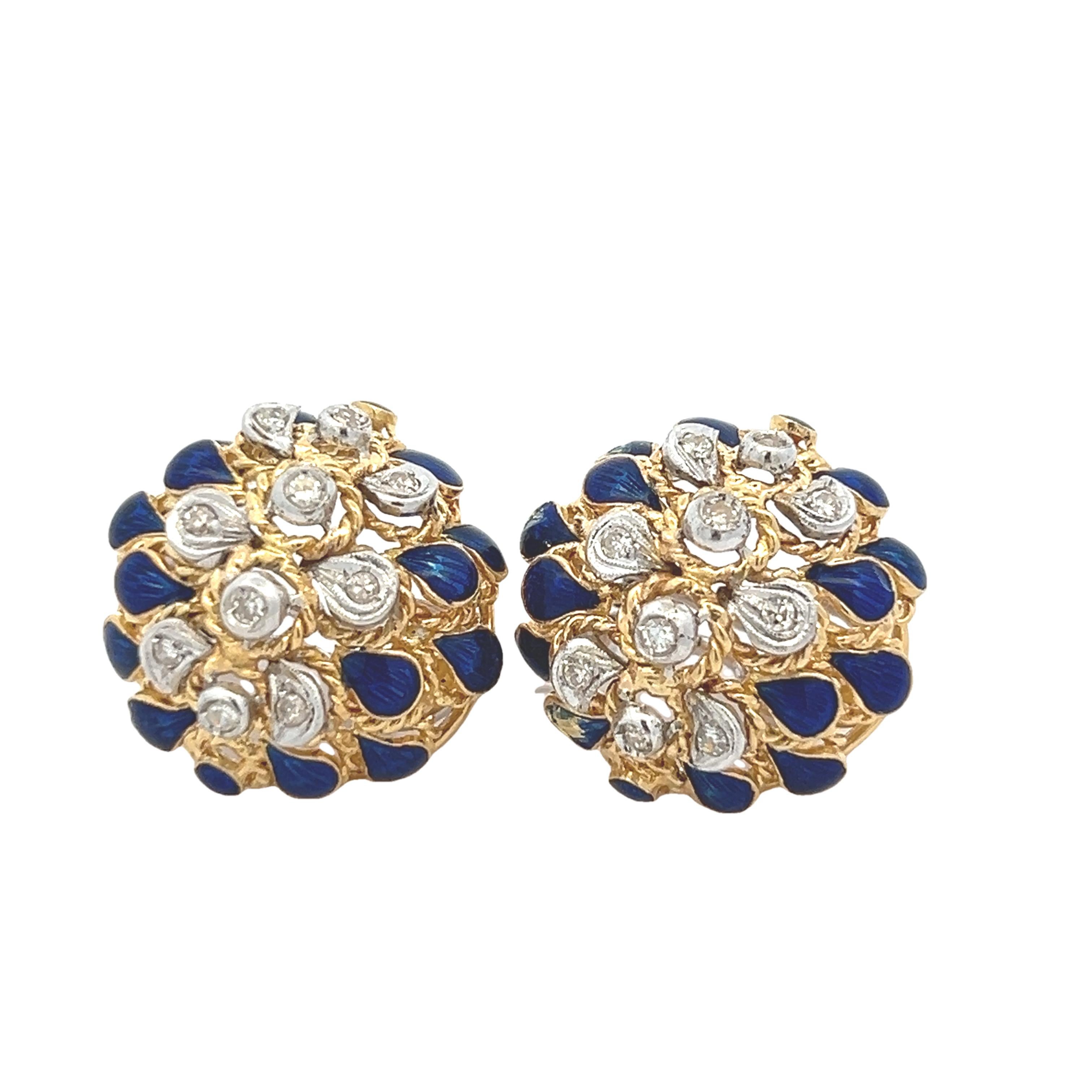 1960er Jahre Italienische 18K Gelbgold Pfau-Ohrringe mit blauer Emaille und Dia im Angebot 5
