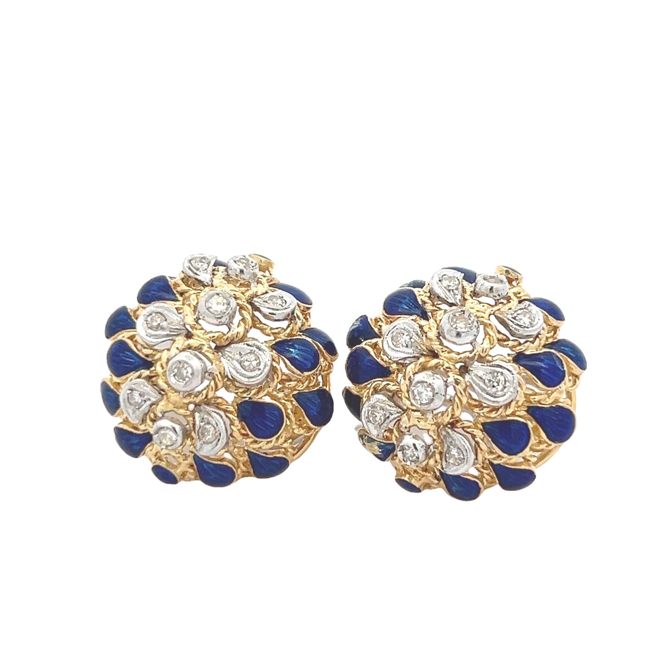 1960er Jahre Italienische 18K Gelbgold Pfau-Ohrringe mit blauer Emaille und Dia (Romantik) im Angebot