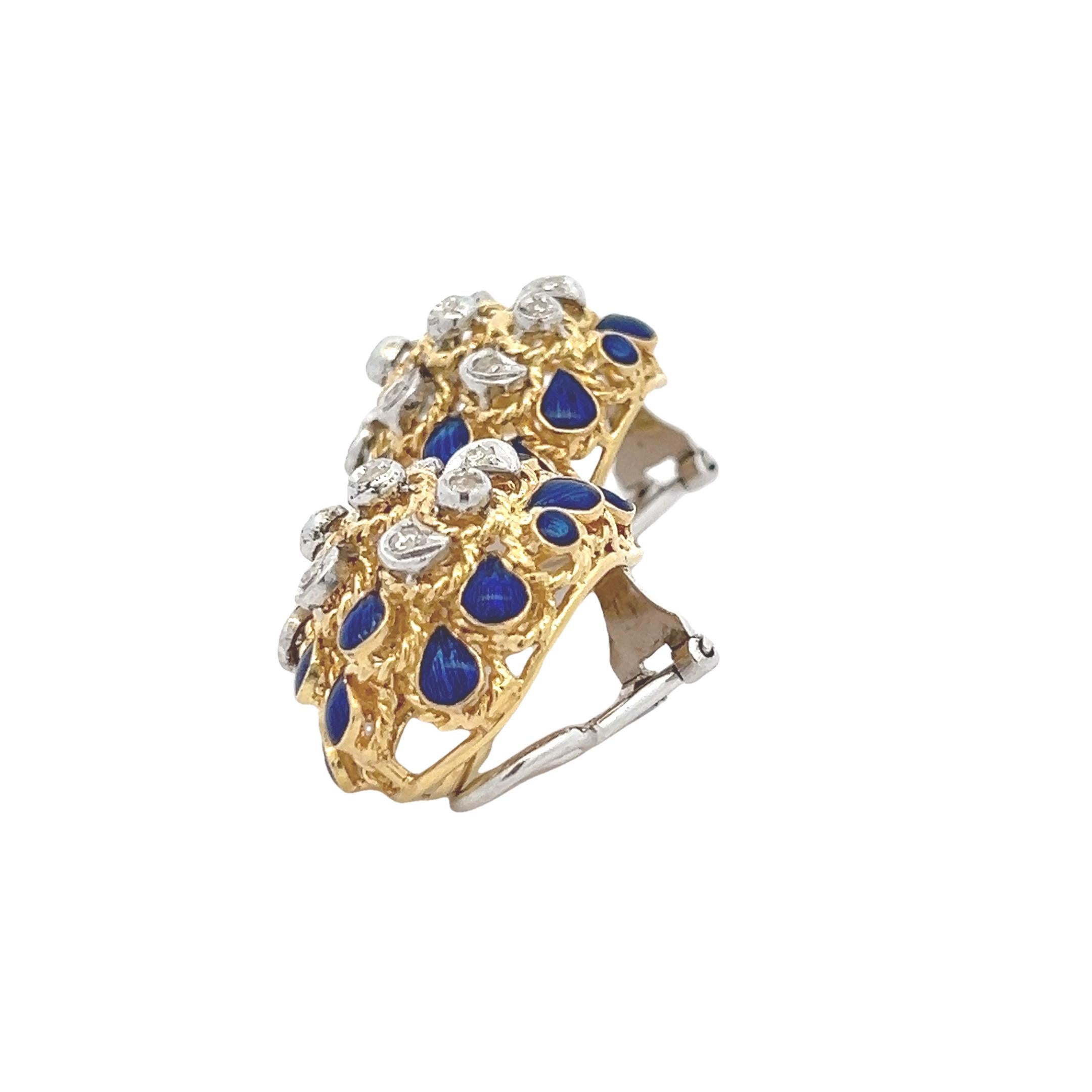 1960er Jahre Italienische 18K Gelbgold Pfau-Ohrringe mit blauer Emaille und Dia im Zustand „Hervorragend“ im Angebot in Miami, FL