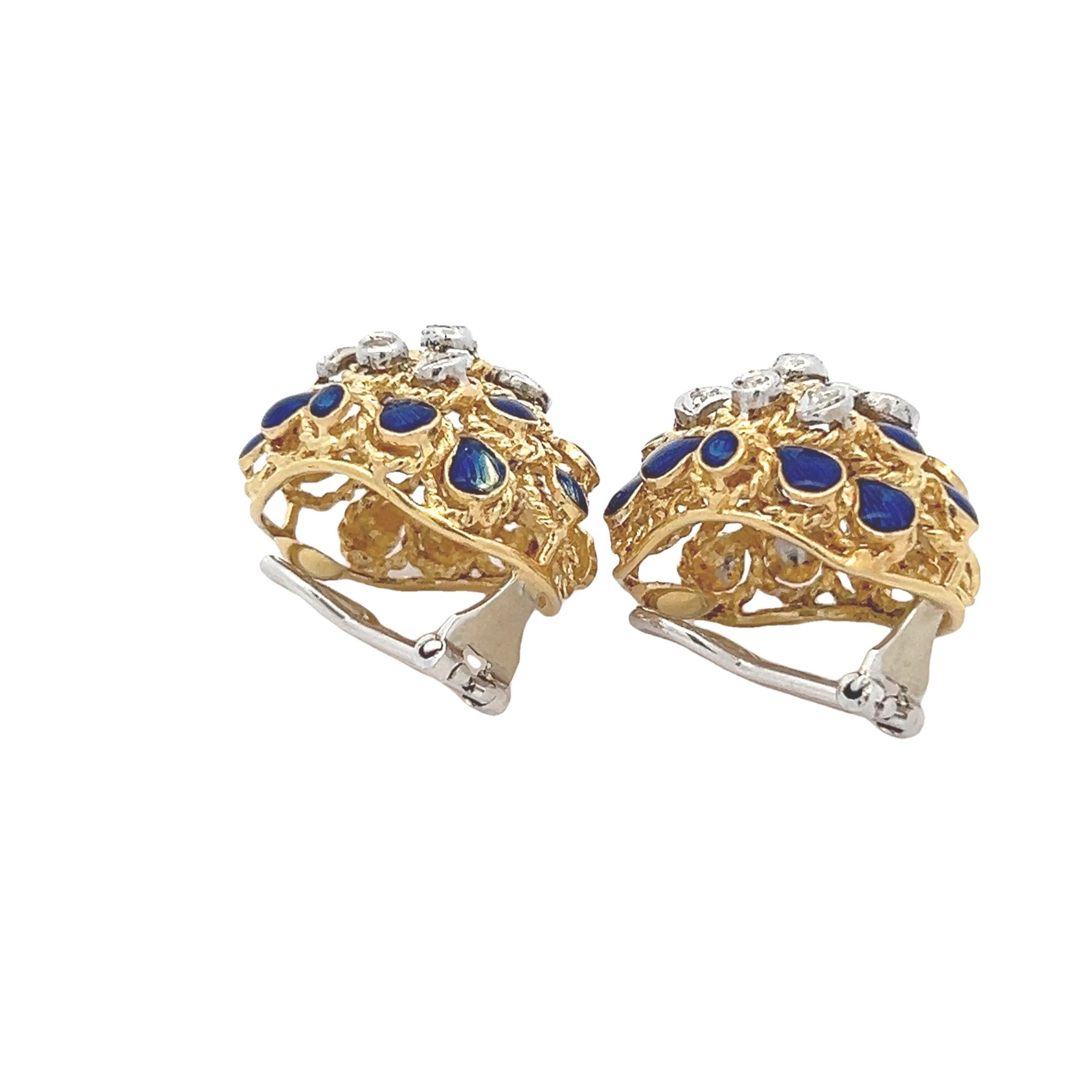 1960er Jahre Italienische 18K Gelbgold Pfau-Ohrringe mit blauer Emaille und Dia Damen im Angebot