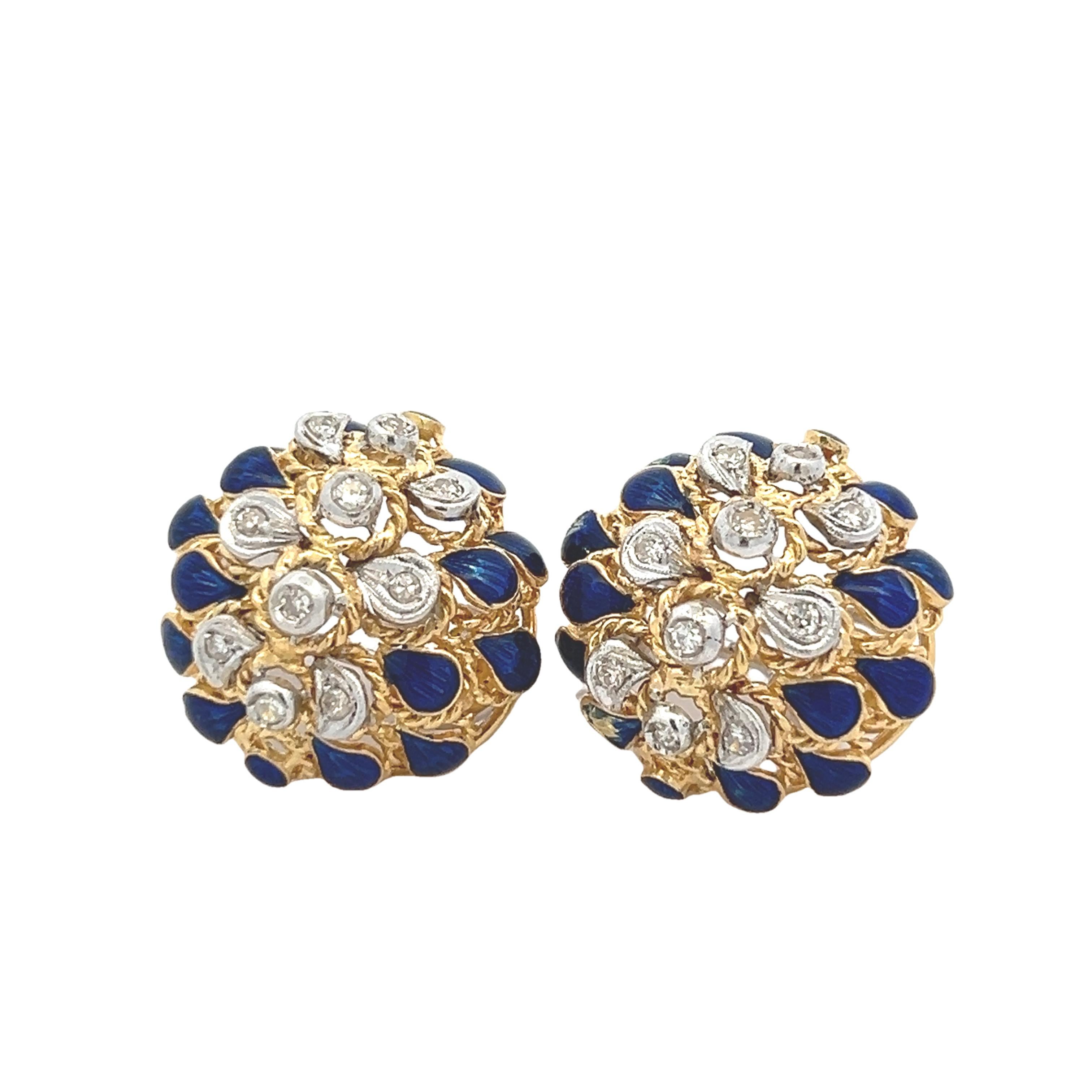 1960er Jahre Italienische 18K Gelbgold Pfau-Ohrringe mit blauer Emaille und Dia im Angebot 2