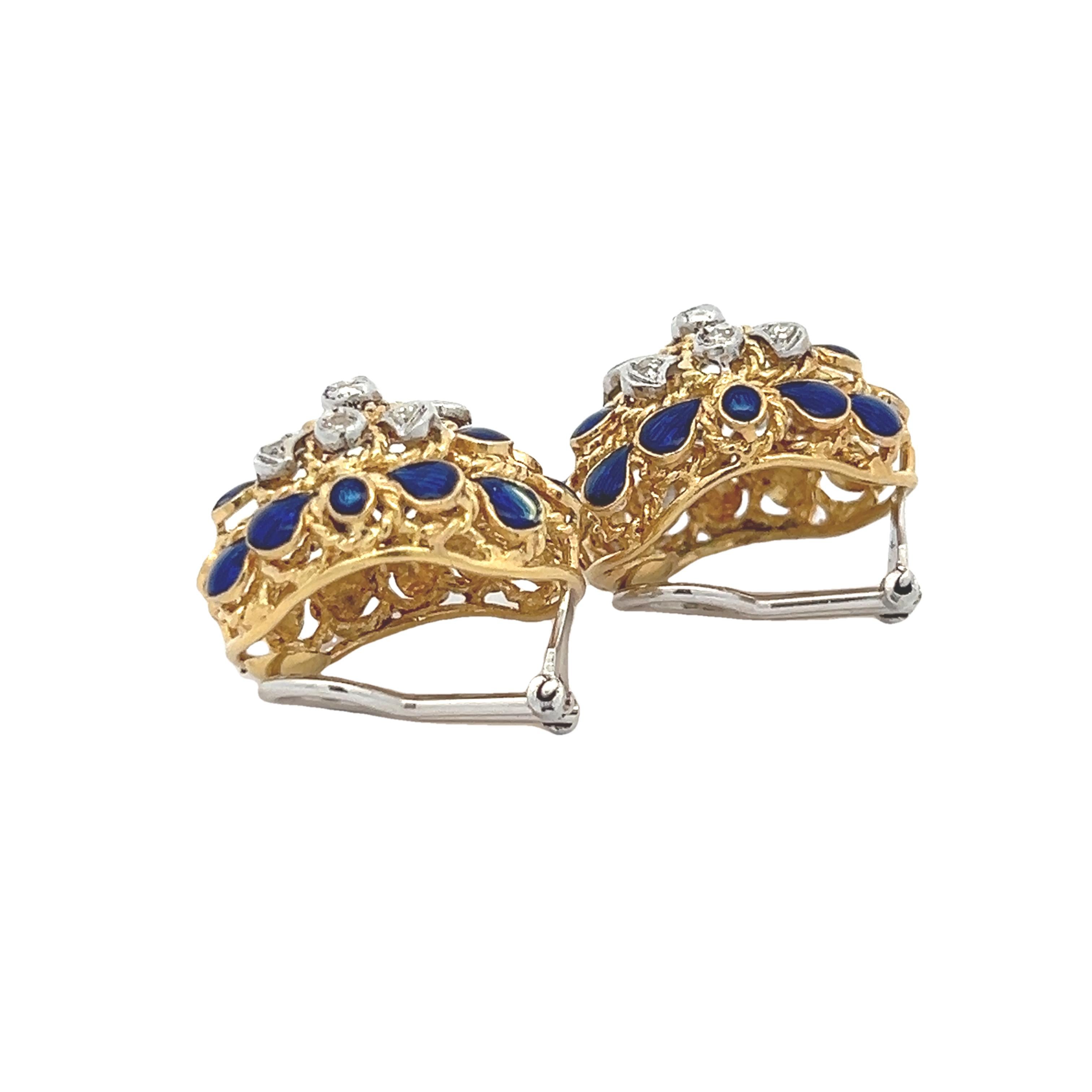 1960er Jahre Italienische 18K Gelbgold Pfau-Ohrringe mit blauer Emaille und Dia im Angebot 3