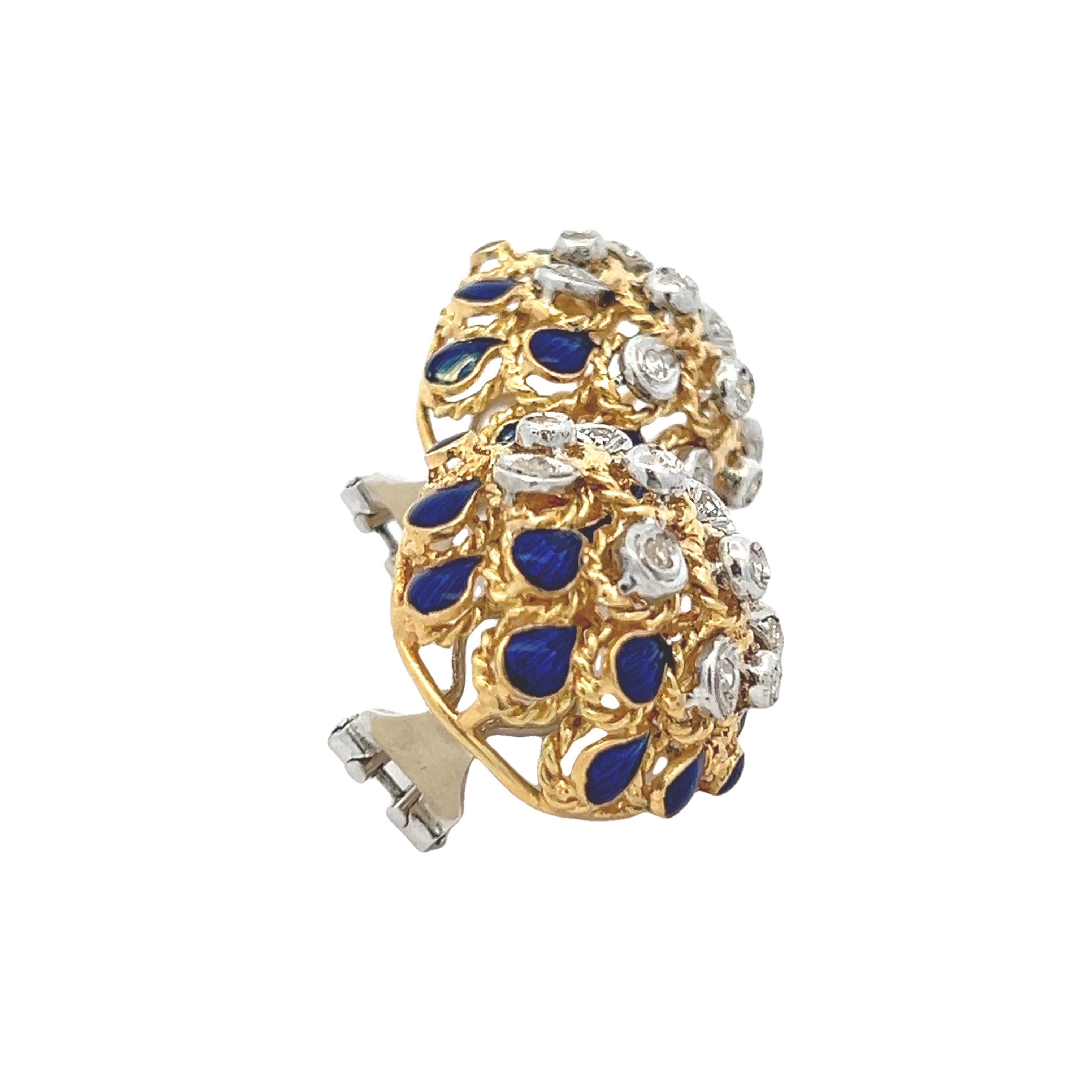 1960er Jahre Italienische 18K Gelbgold Pfau-Ohrringe mit blauer Emaille und Dia im Angebot 4