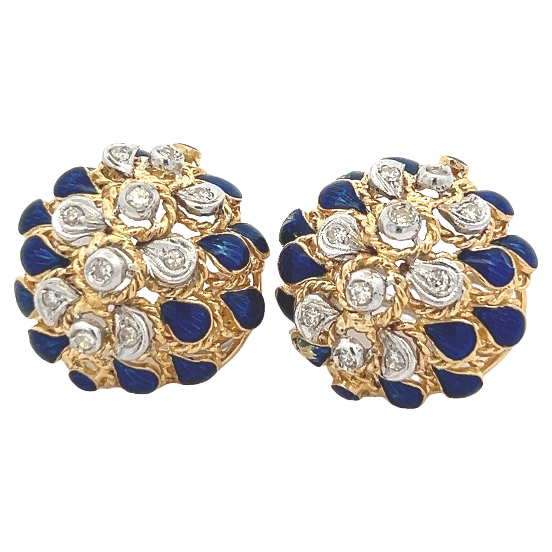 1960er Jahre Italienische 18K Gelbgold Pfau-Ohrringe mit blauer Emaille und Dia im Angebot