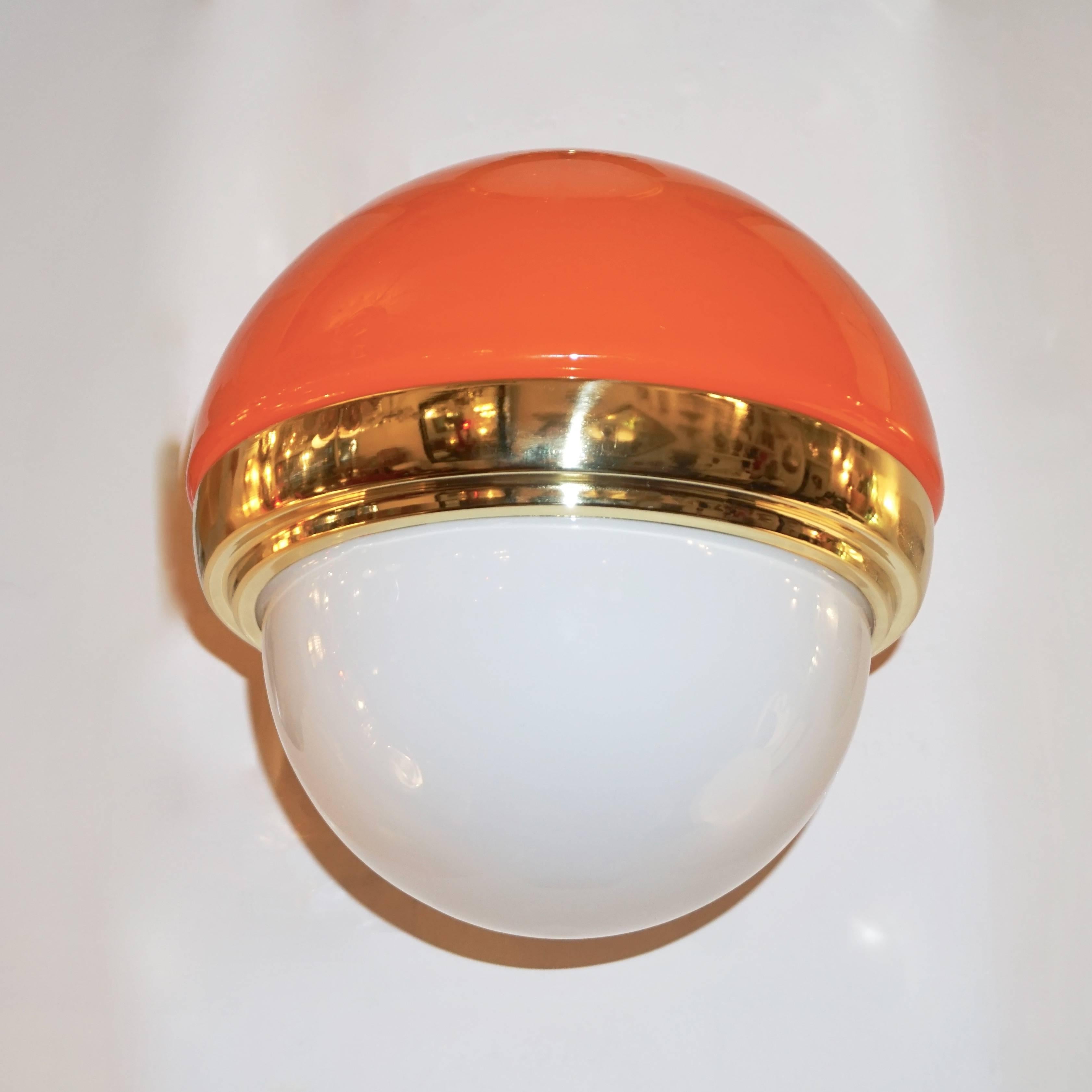 Hand-Crafted 1960s Italian Vintage White Orange Murano Glass & Brass Double-Lit Sconce