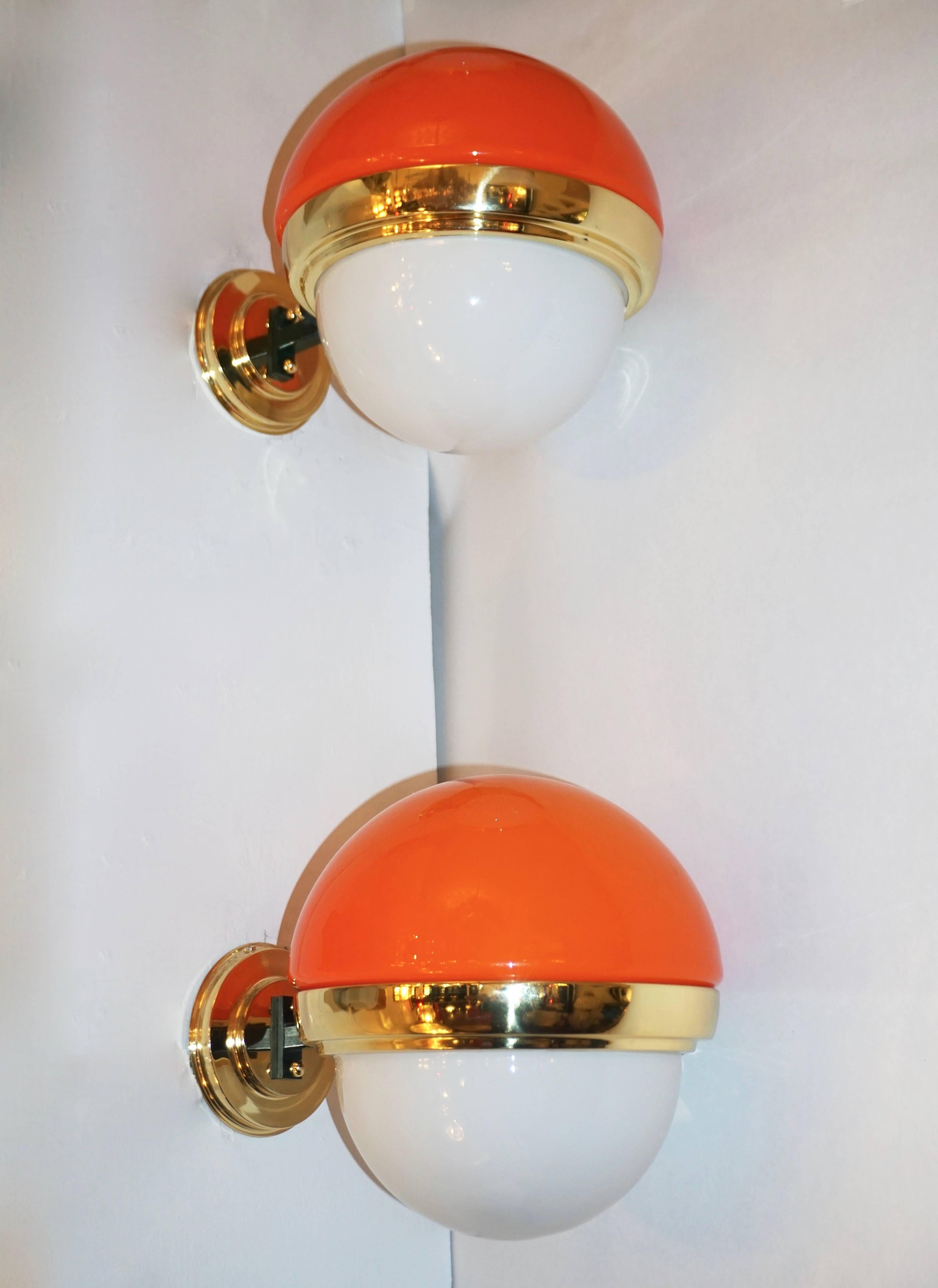 Mid-20th Century 1960s Italian Vintage White Orange Murano Glass & Brass Double-Lit Sconce