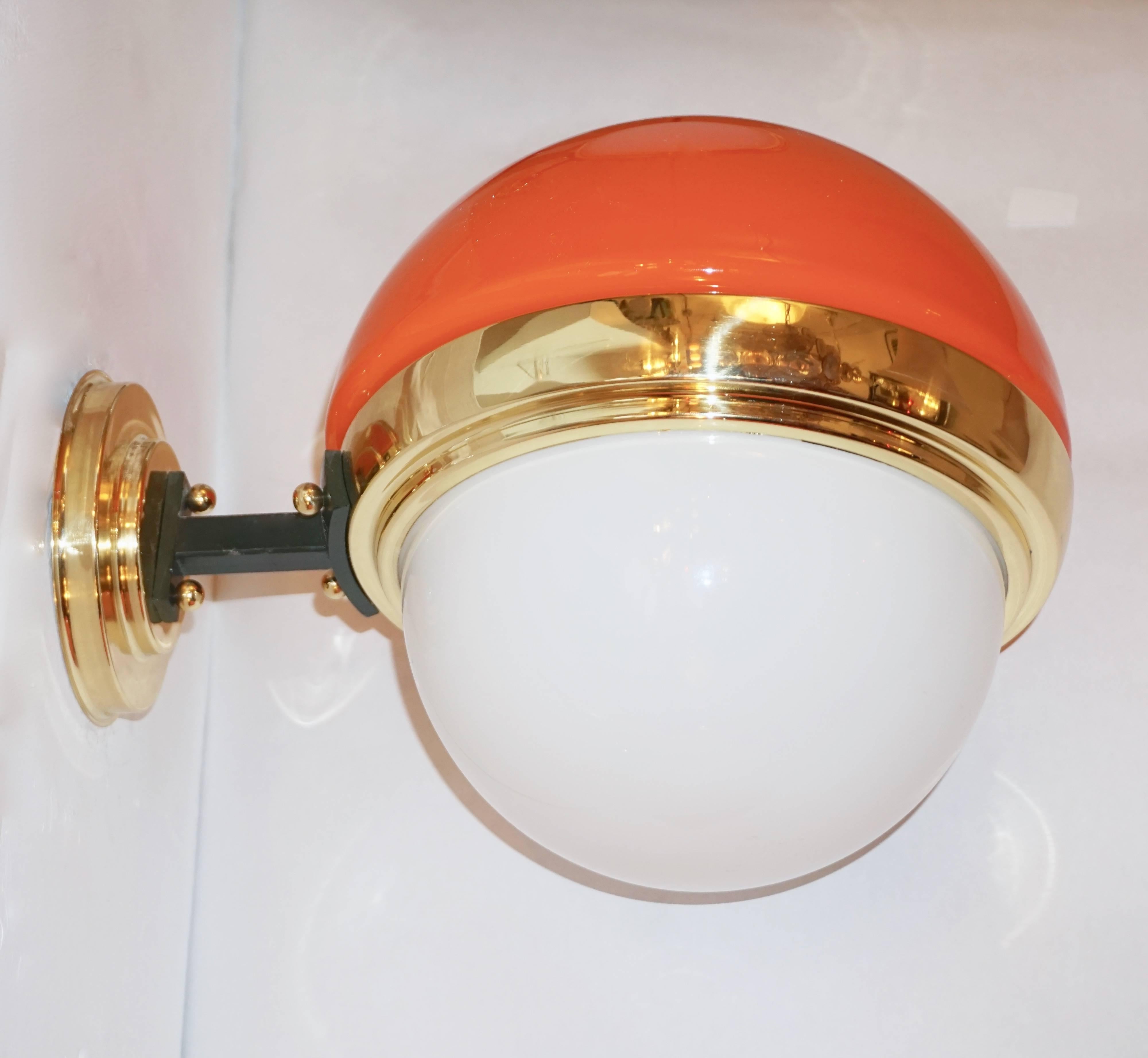 1960s Italian Vintage White Orange Murano Glass & Brass Double-Lit Sconce 2