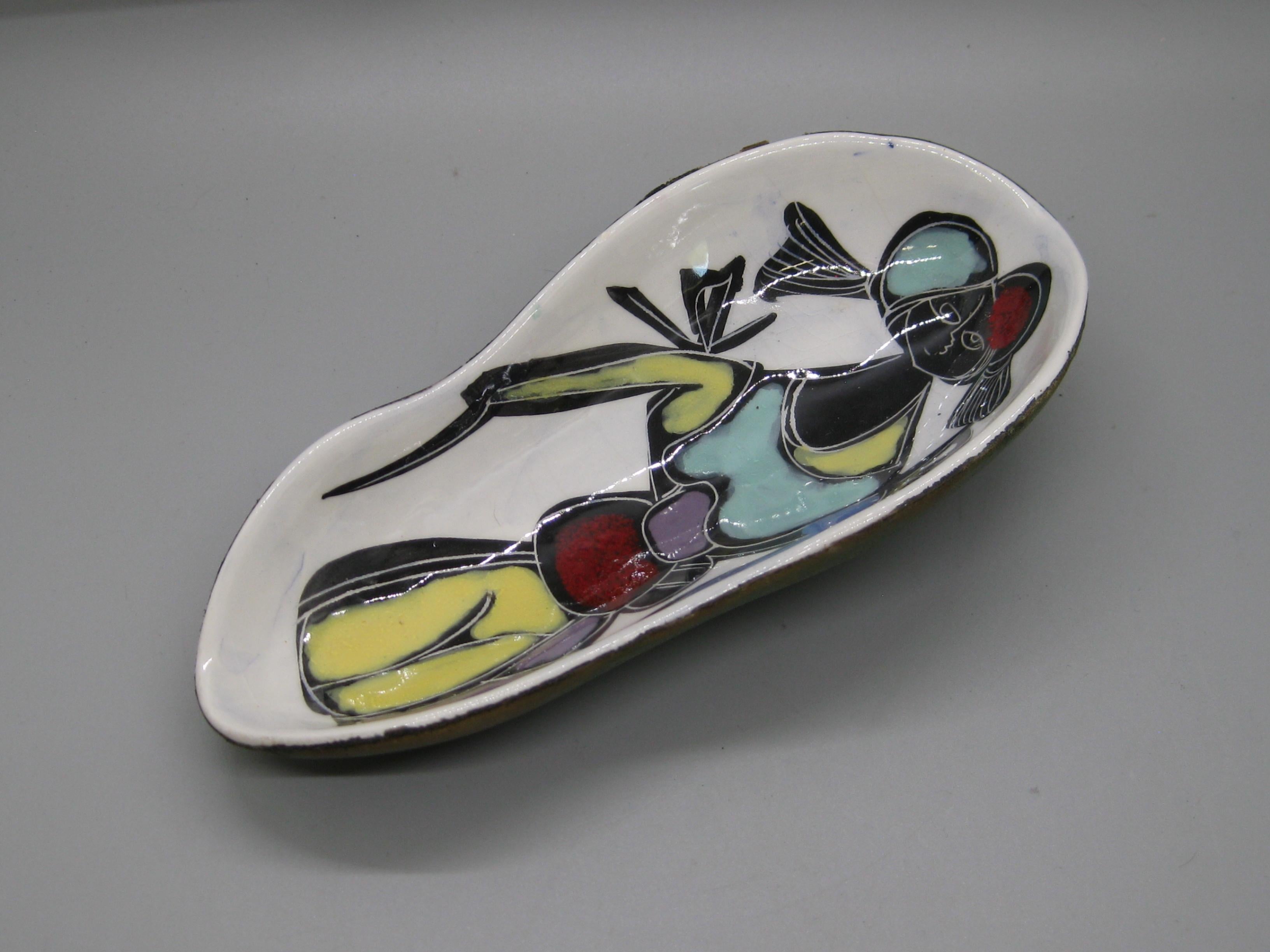 Hand-Crafted 1960's Italian Abstract Girl Figure Leather Wrapped Pottery Bowl Dish Italy For Sale
