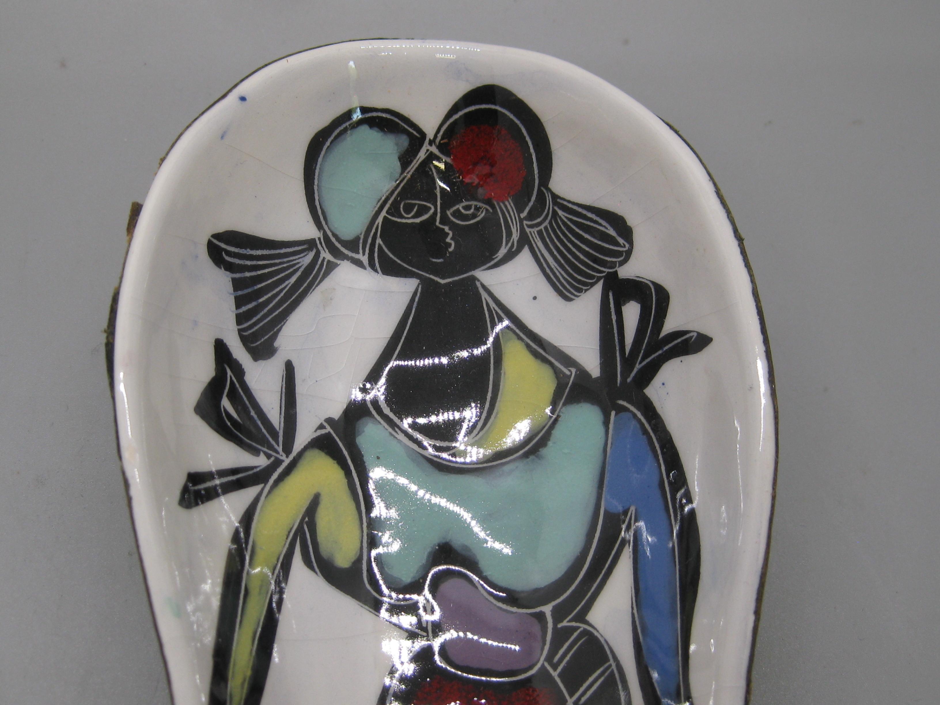 1960's Italian Abstract Girl Figure Leather Wrapped Pottery Bowl Dish Italy In Good Condition For Sale In San Diego, CA