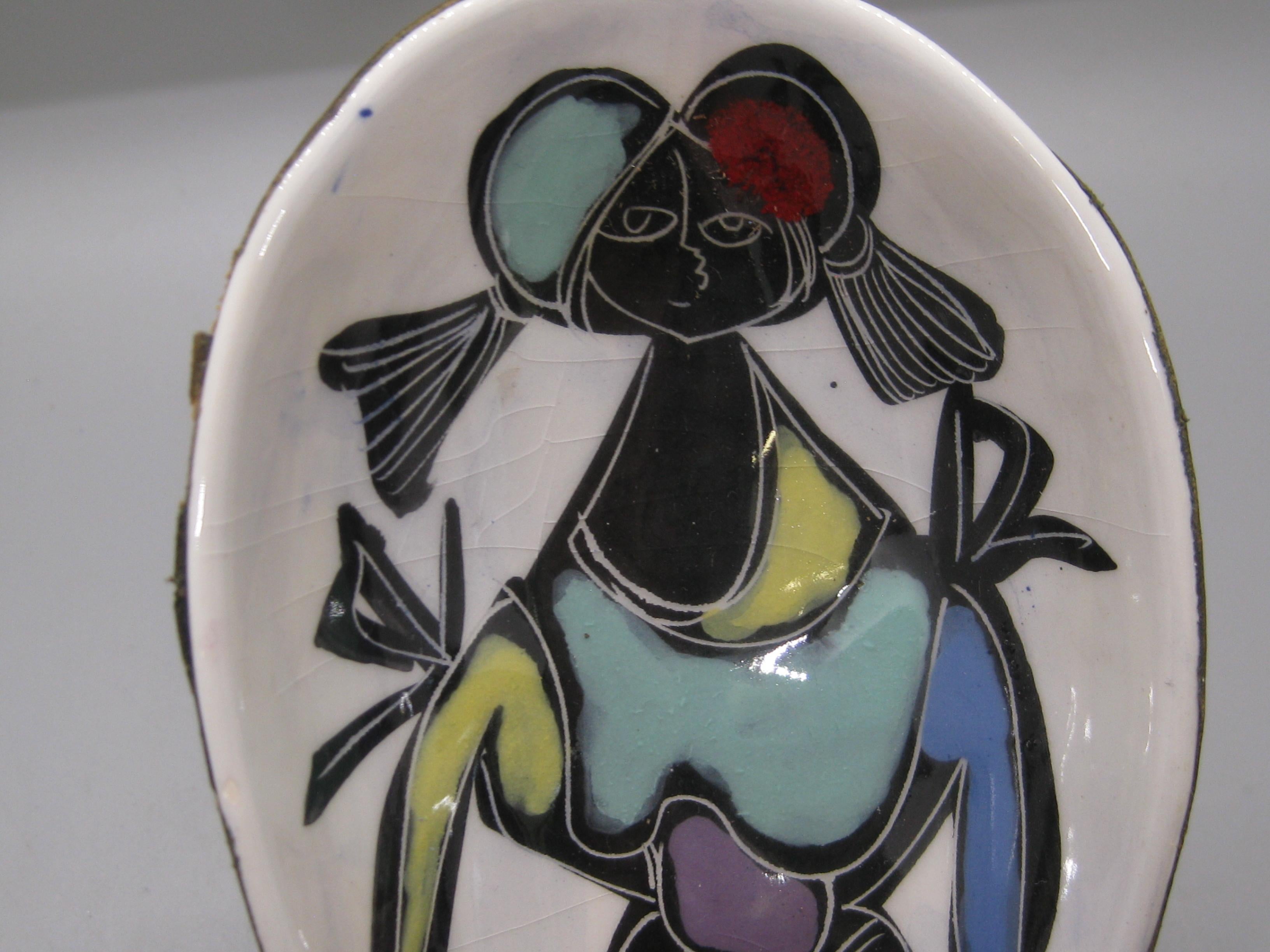 20th Century 1960's Italian Abstract Girl Figure Leather Wrapped Pottery Bowl Dish Italy For Sale