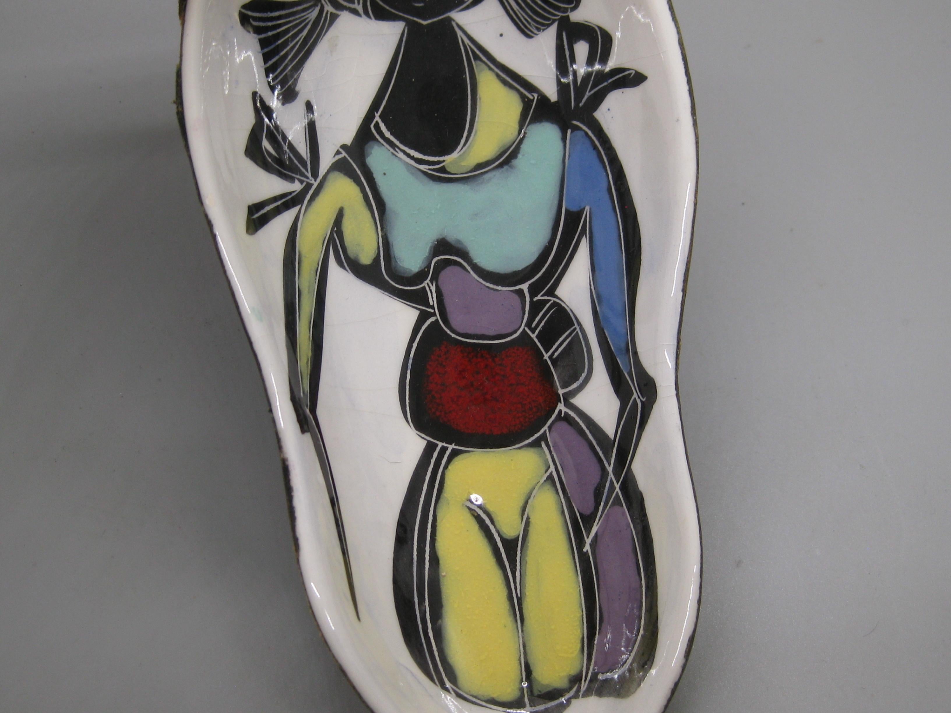 Ceramic 1960's Italian Abstract Girl Figure Leather Wrapped Pottery Bowl Dish Italy For Sale