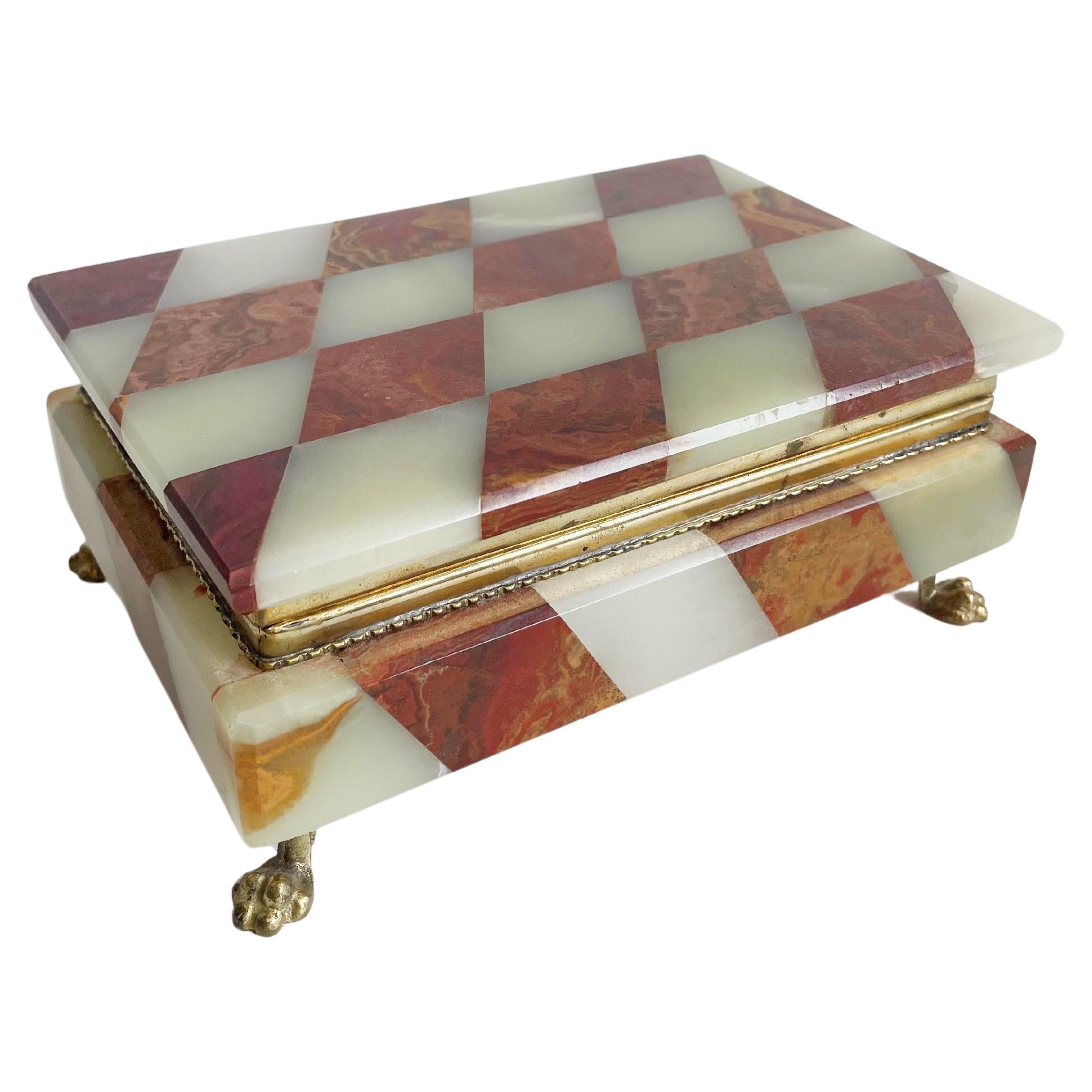 1960s Italian Alabaster and Red Agate Checkered Box